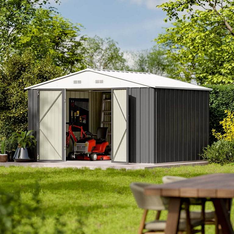 Patiowell 10 x 8 ft. Outdoor Storage Metal Shed with Sloping Roof and Double Lockable Door, Gray