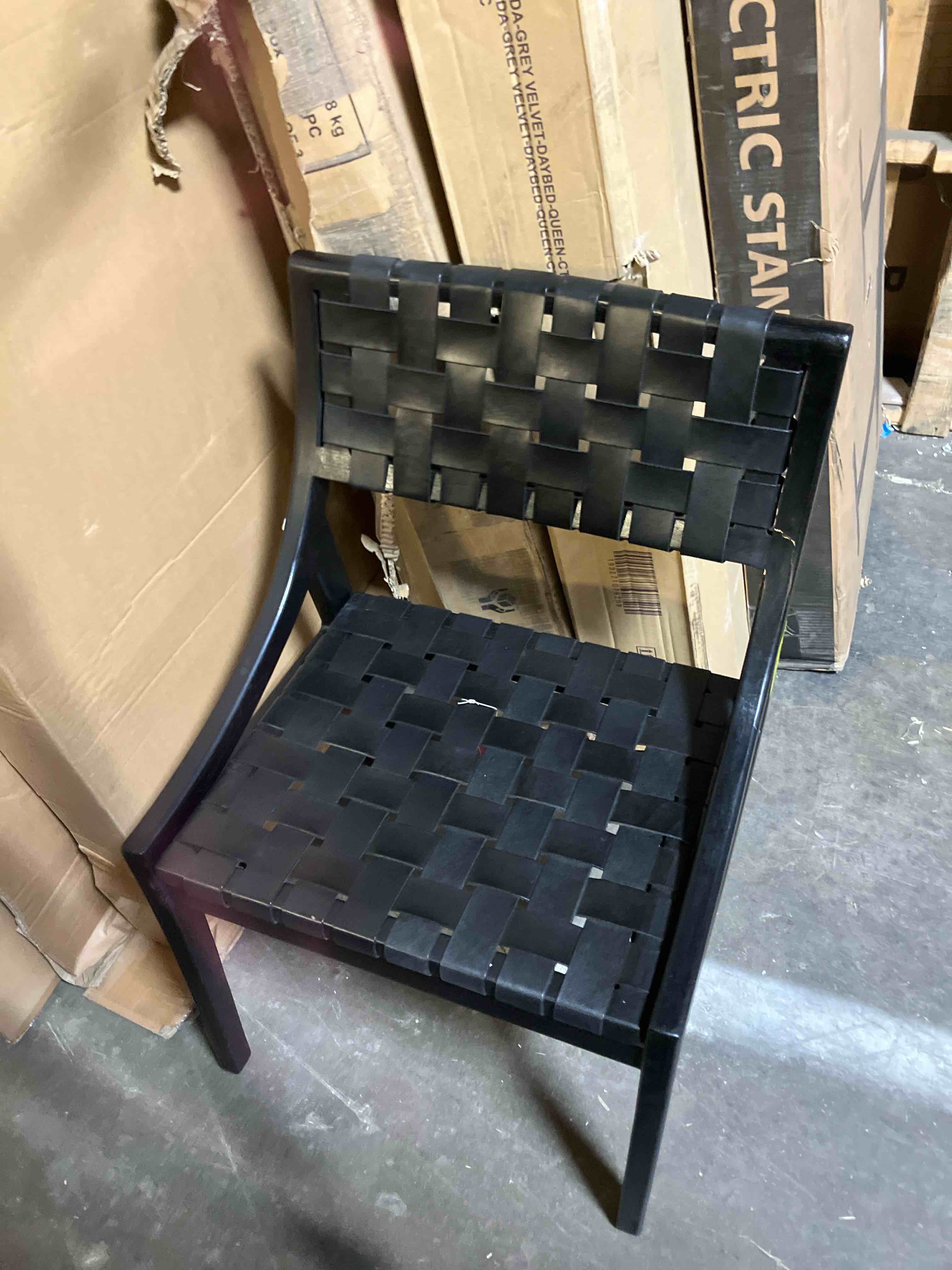 Condition photo showing As Is for poly & bark banda teak & leather dining chair in havana black (damaged) 