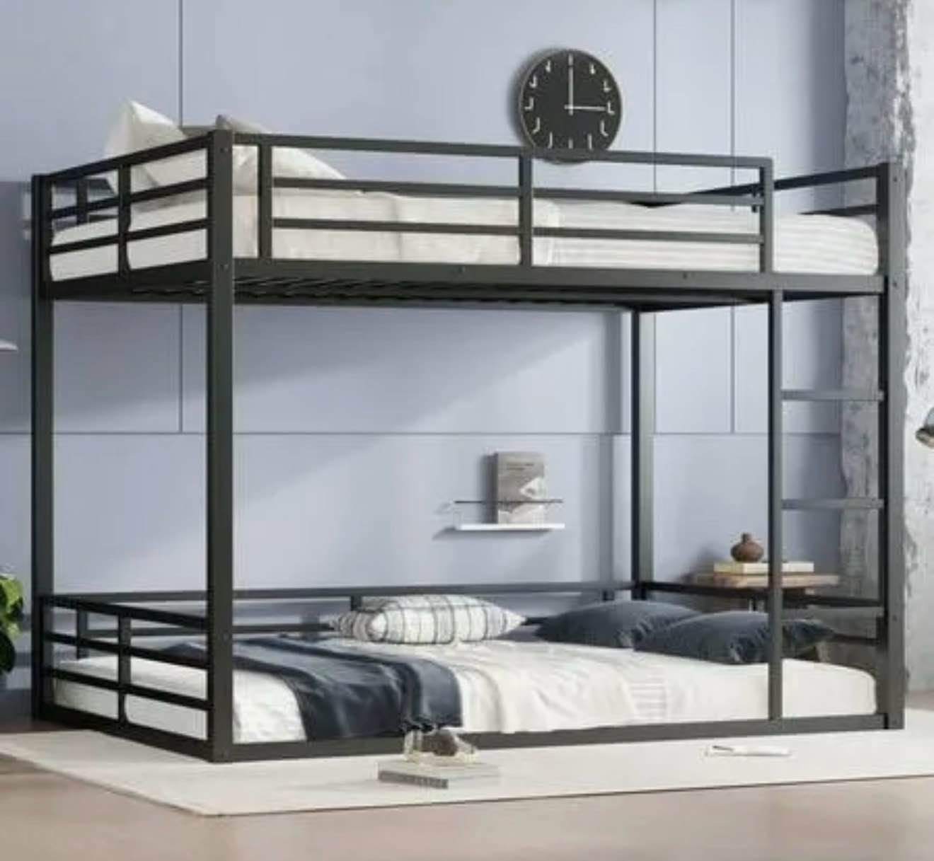 metal bunk bed, twin over full floor bunk bed frame,heavy-duty bunk bed for kids, teens, adults, noise-reduced design, black