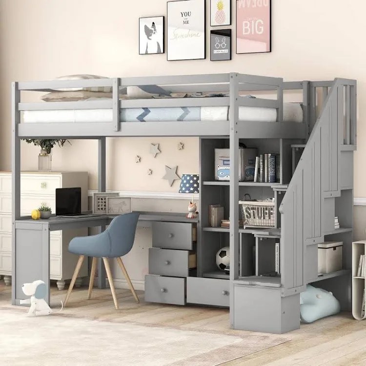 twin size wood loft bed with l-shaped desk and 4 drawers, cabinet and storage staircase (incomplete box 3/3 only)