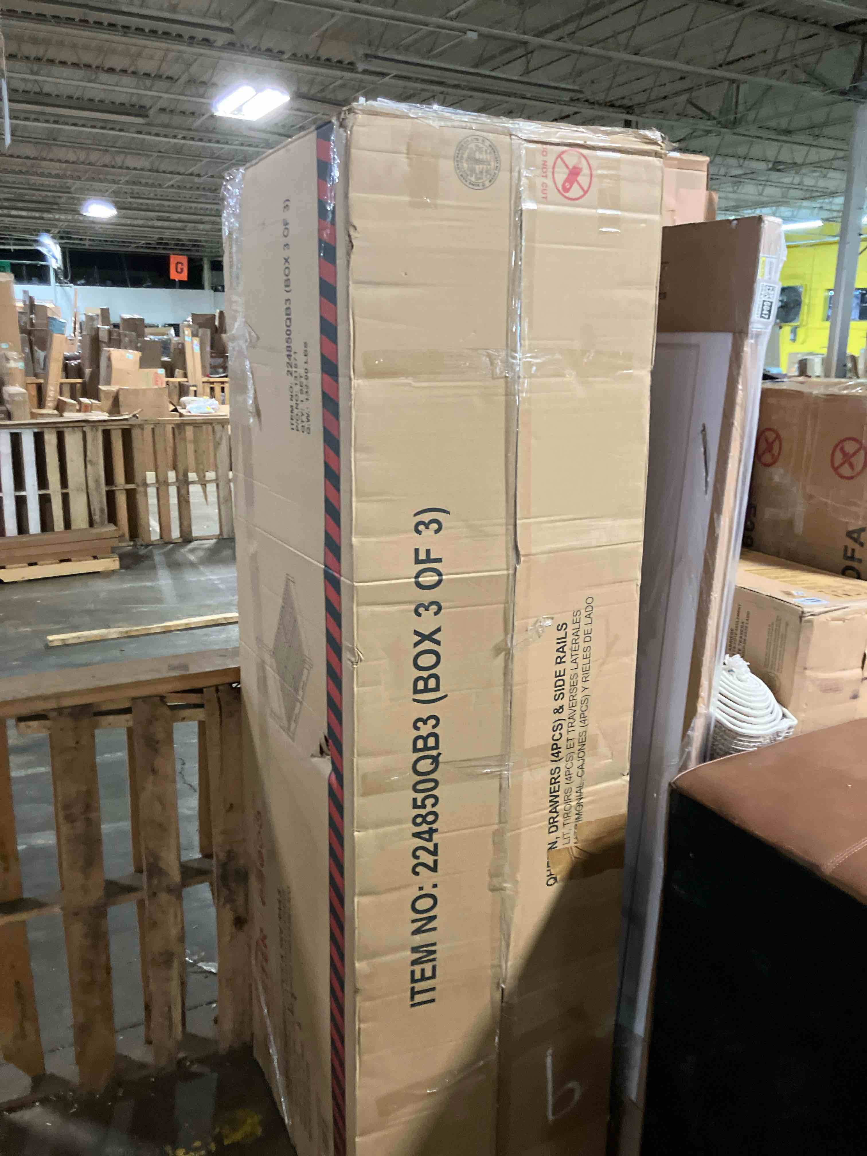 Condition photo showing As Is for sha cerlin queen platform bed frame with 2 large storage drawers - heavy duty metal & rustic wood, noise-free, no box spring needed, black (box3/3 only)