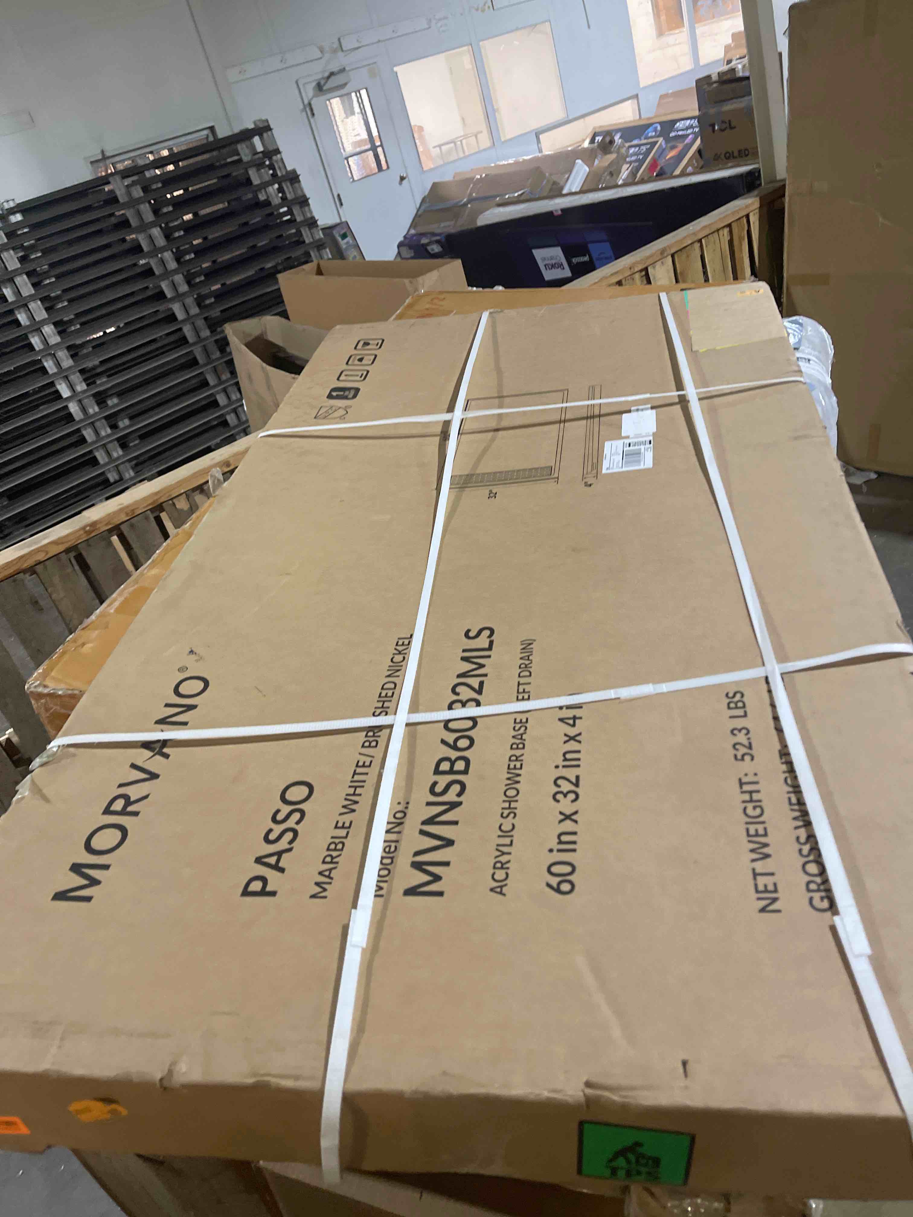 Condition photo showing New/Like New for morvano 32 x 60 shower base with left drain removable stainless cover,shower pan kit non-slip in white left drain brush nickel