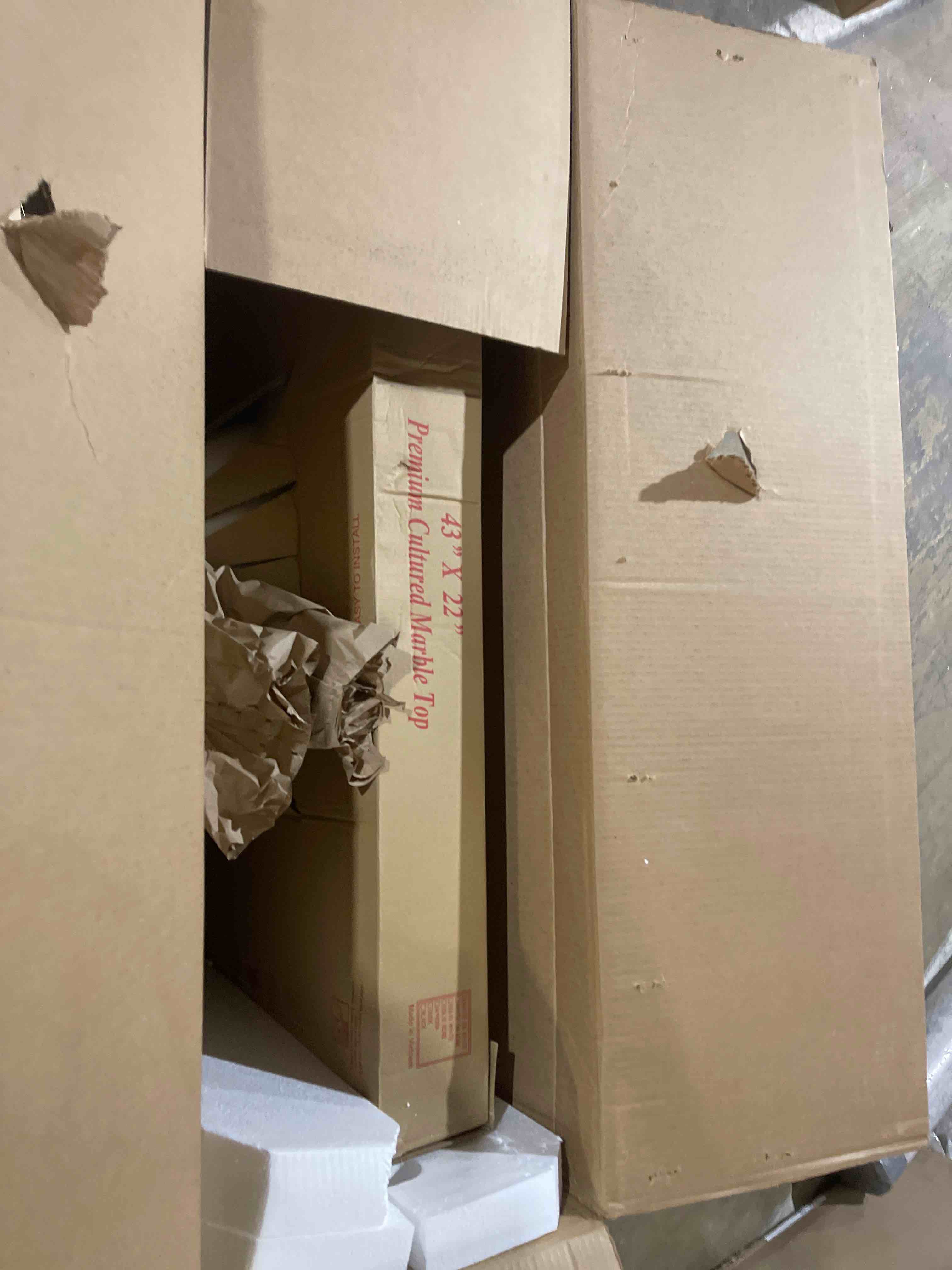 Condition photo showing New/Like New for montary 43"x 22" bathroom vanity top with undermounted large ceramic sink & backsplash, sintered stone artificial marble vanity sink tops with 3 pre-drilled hole, carrara gold