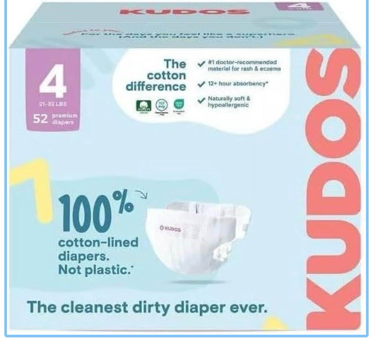 kudos chlorine free premium diapers, cotton-lined, size 4, 26 * 2=52 count, 21-32 lbs