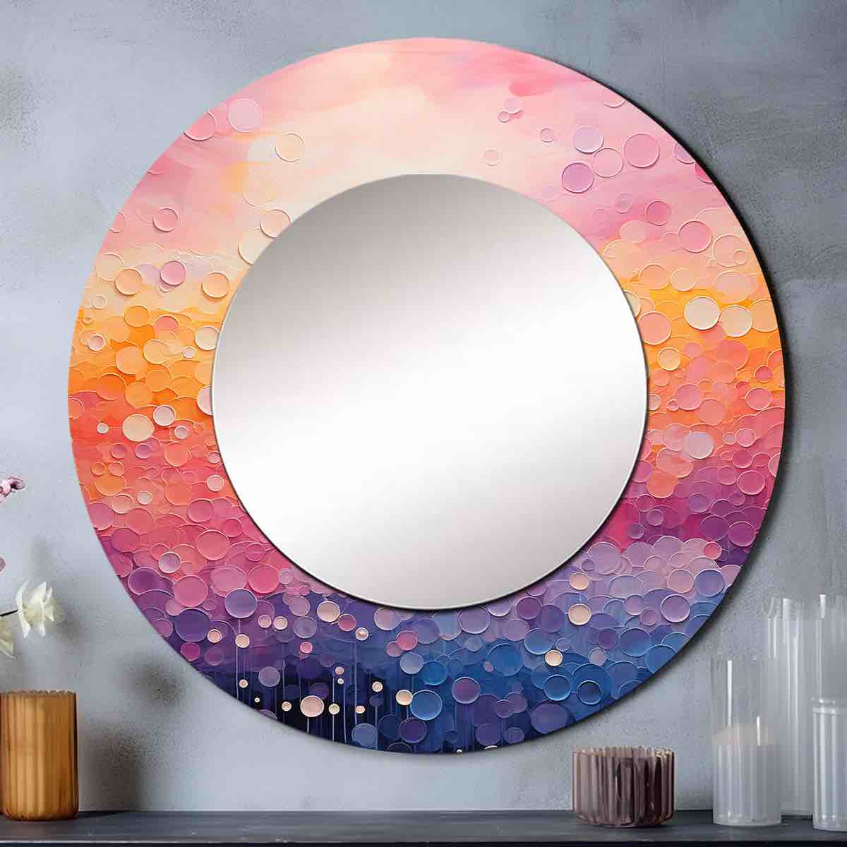Blushing Horizon I - Abstract Landscape Pink Round Mirror(Similar mirror)(Blue color)