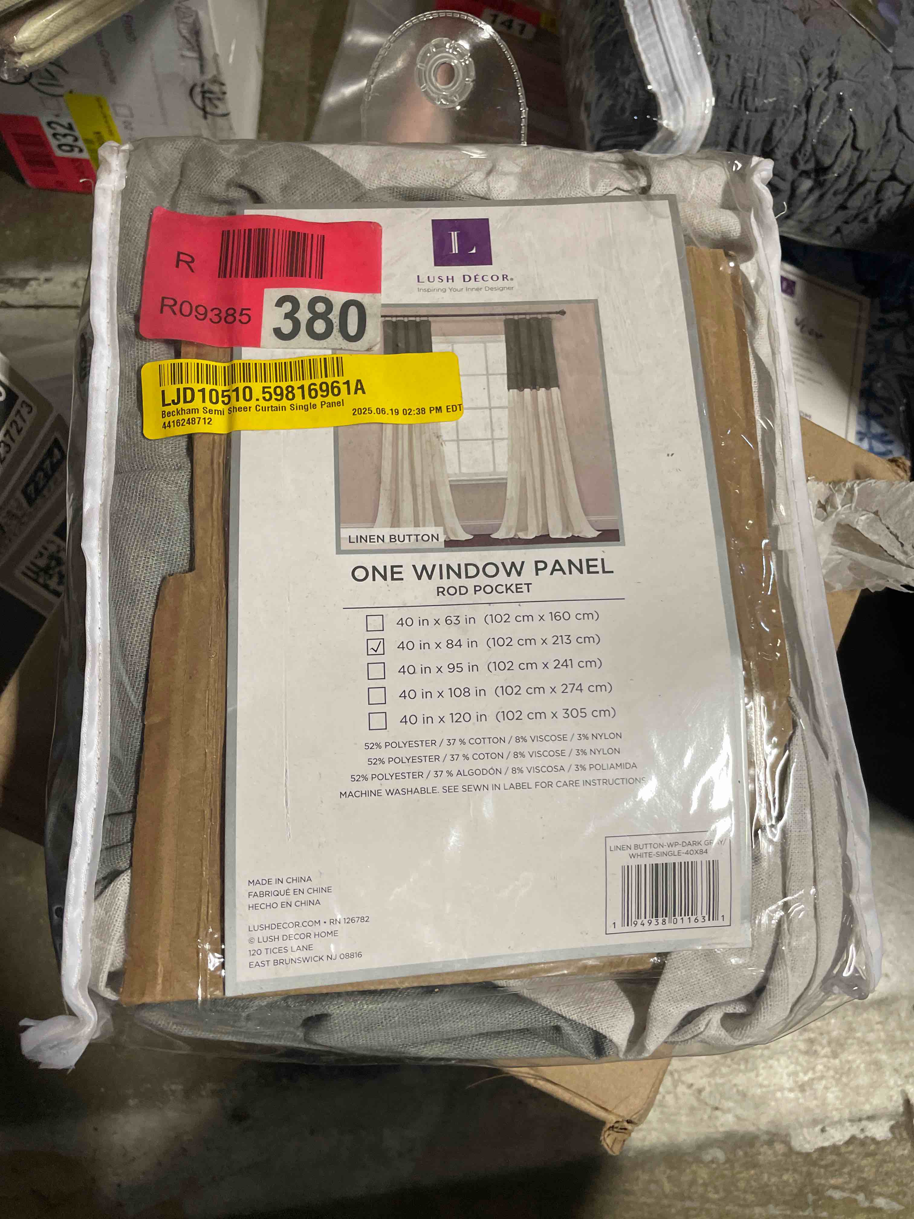 lush decor linen button window curtain single panel, 40"w x 84"l, dark gray & off-white