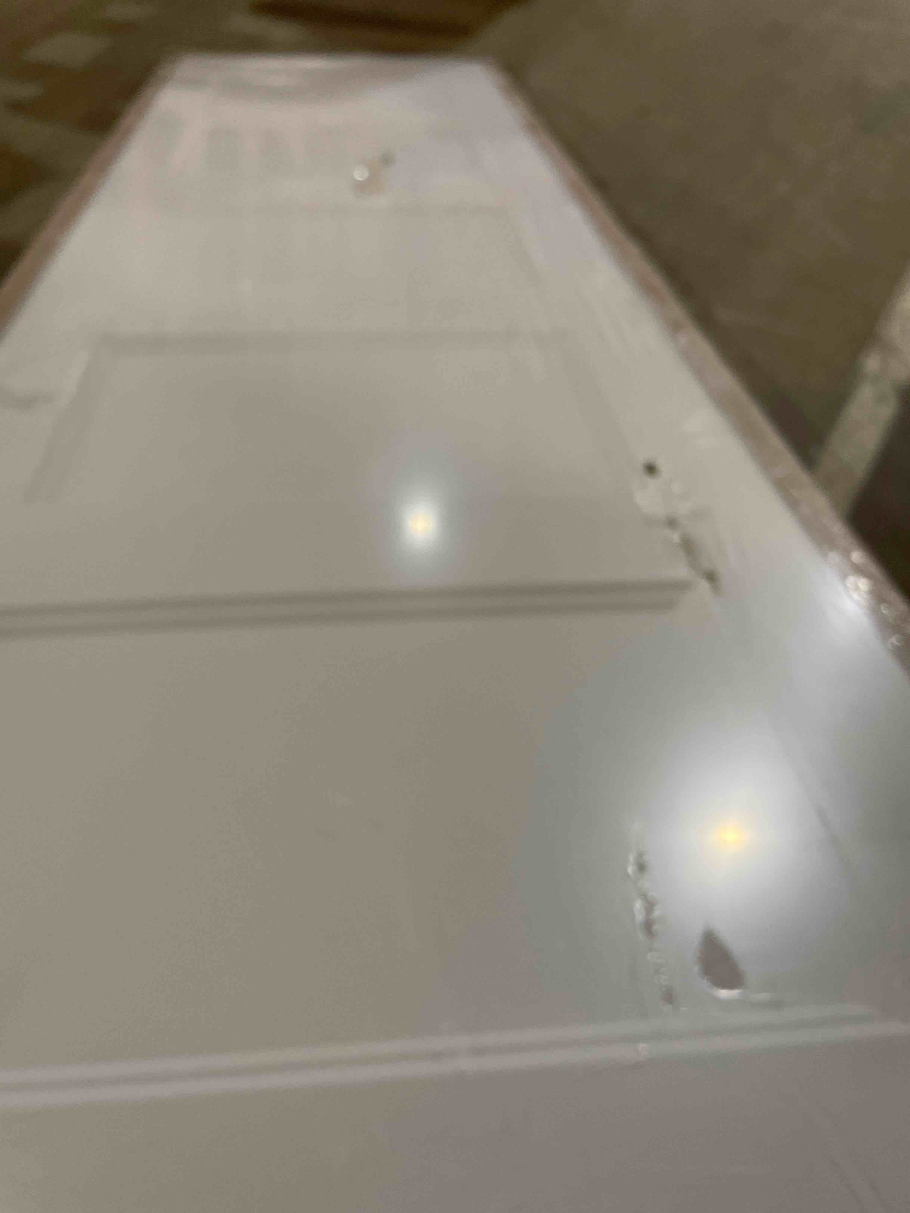 Condition photo showing As Is for jubest 24"x80" 5-panel shaker style white primed hollow core interior molded door slab, not pre-drilled and not included hardware, pre-assembled interior door for pantry, laundry, closet