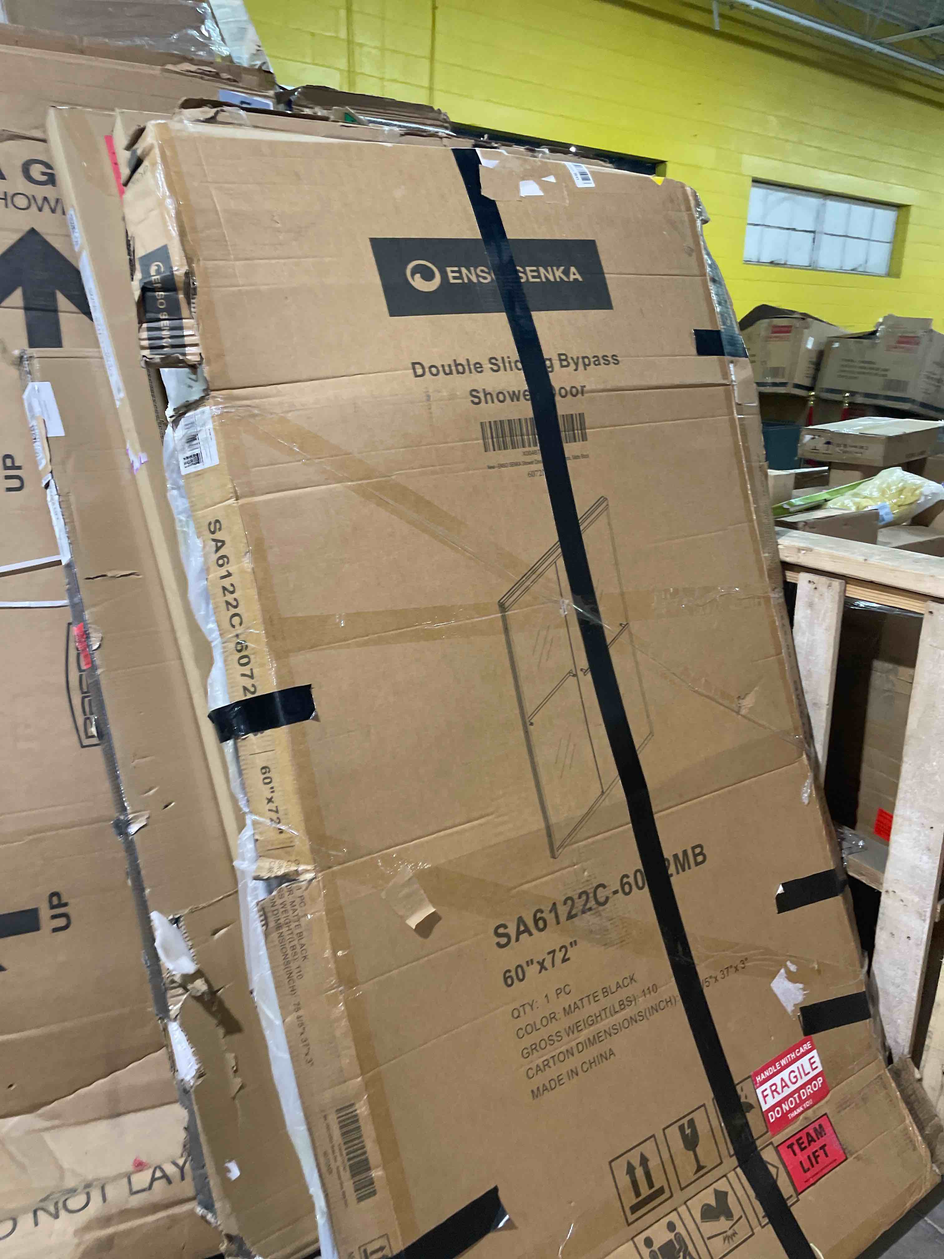 Condition photo showing As Is for 56-60" w x 72" h semi-frameless bypass sliding shower door, easy-to-clean treated clear tempered glass, matte black 60" w x 72" h matte black