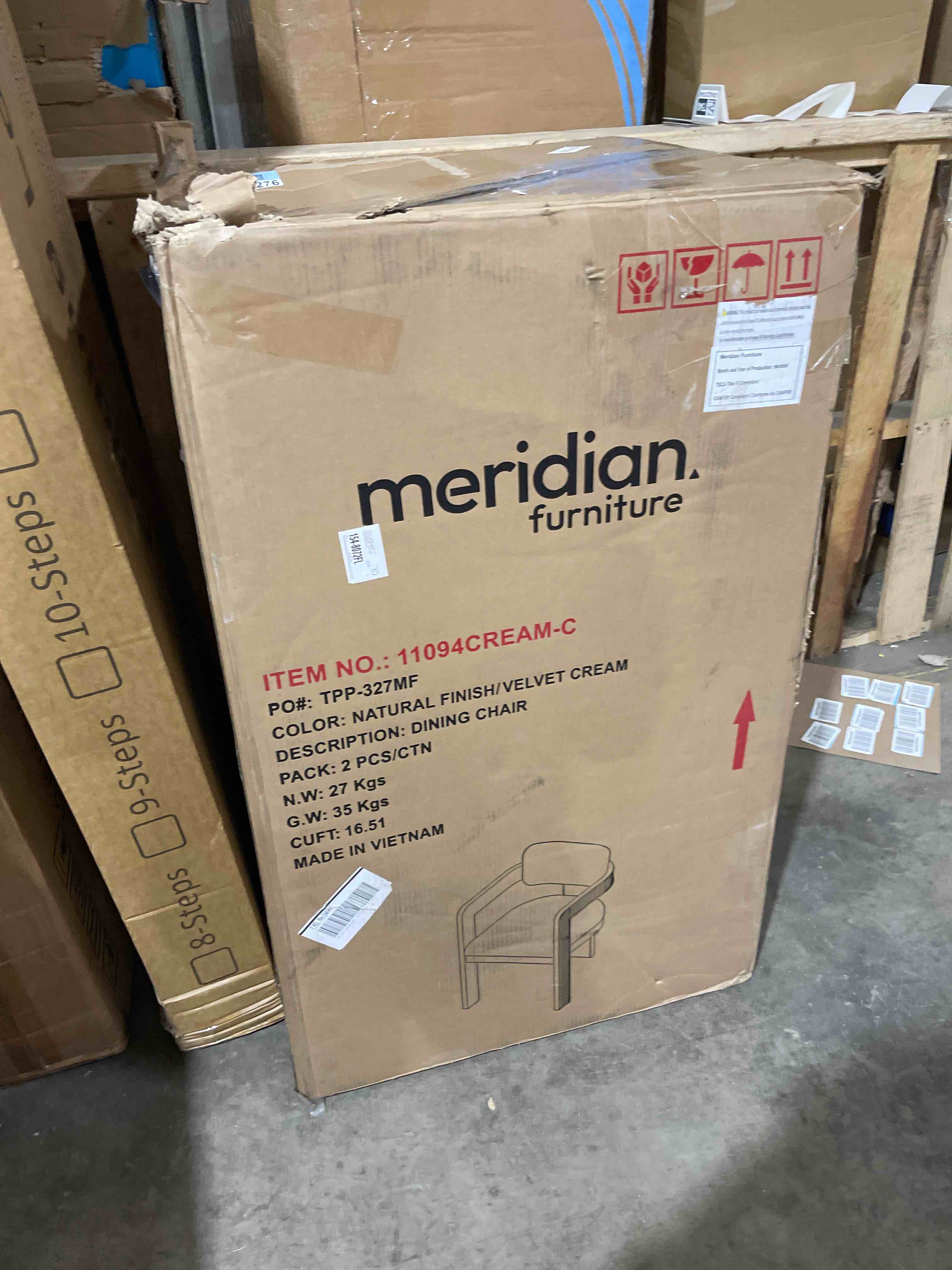 Condition photo showing As Is for meridian furniture 11077cream-c sacha collection art deco stool with ultra luxe cream velvet, 460 gsm velvet, solid wood natural finish, fluted wood, 20.5" w x 21" d x 37.5" h, cream