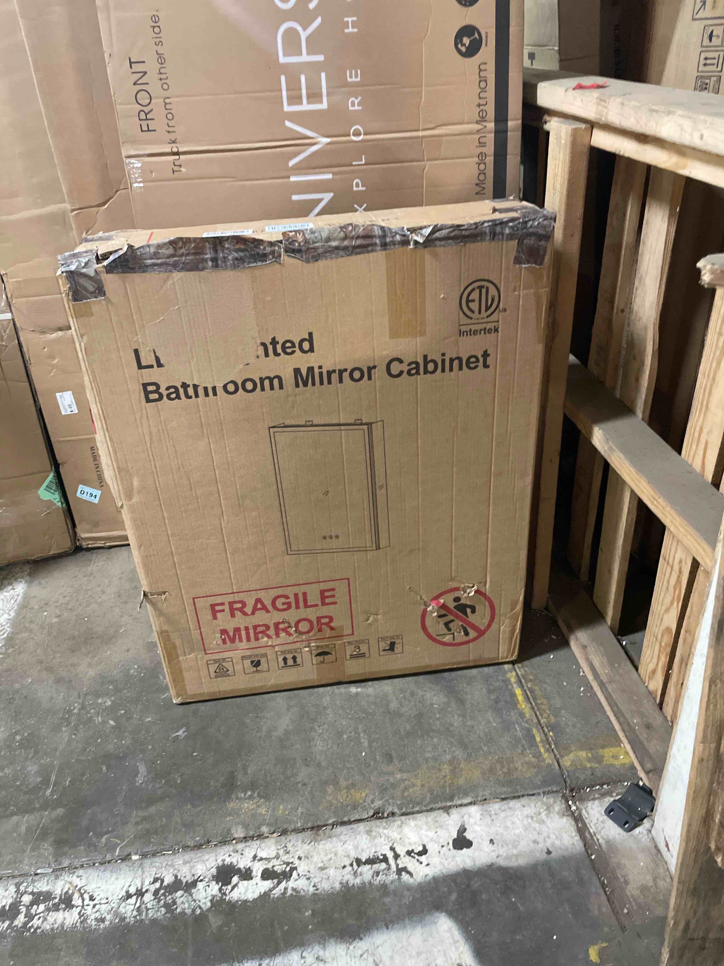 Condition photo showing As Is for lighted bathroom medicine cabinet with led mirror, pre- assembled recessed or surface medicine cabinet with anti-fog mirror, easy to install 3 doors aluminum cabinet, cream white