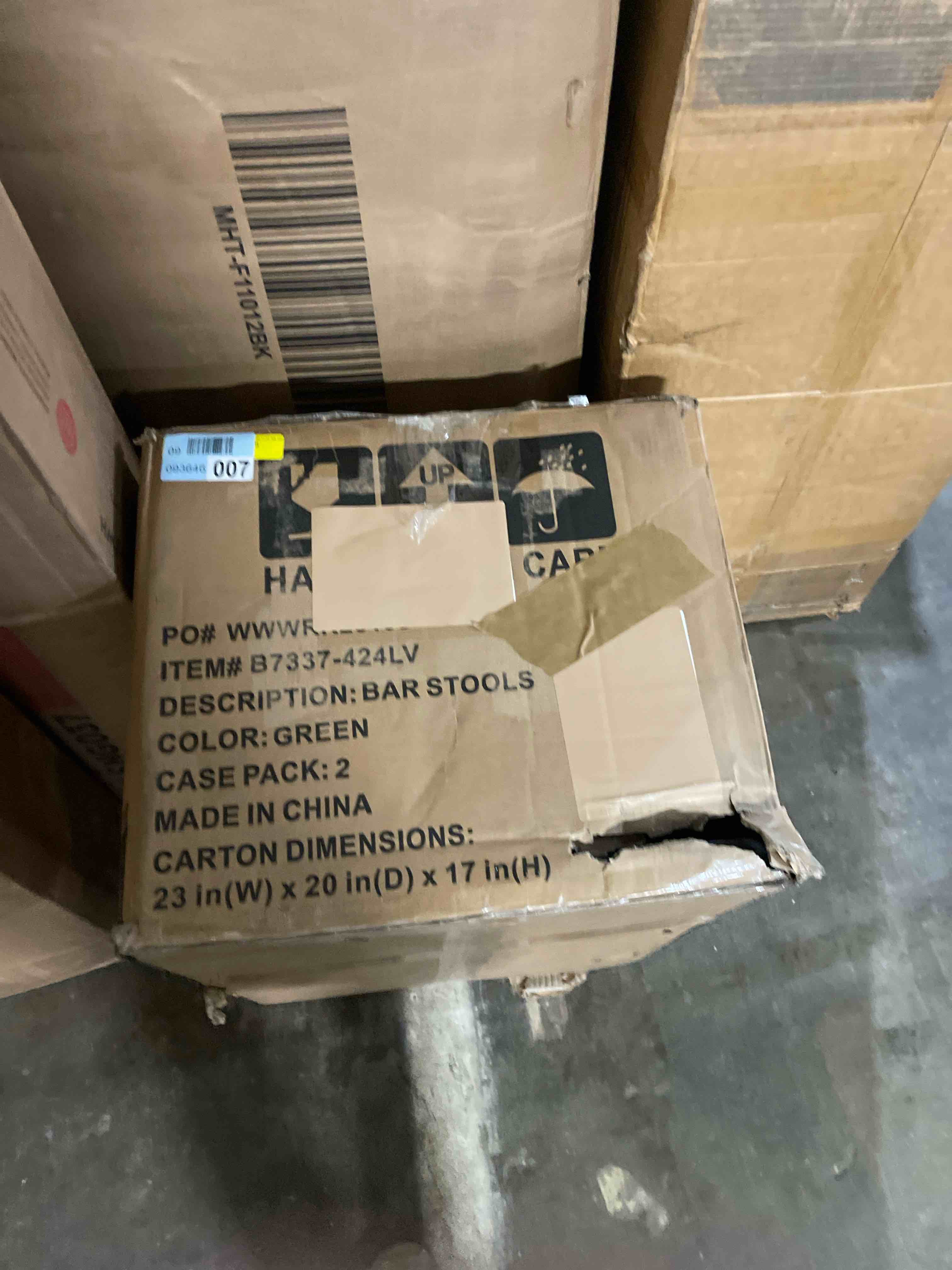 Condition photo showing As Is for 25 in. green high back metal frame counter height fabric bar stool (set of 2)