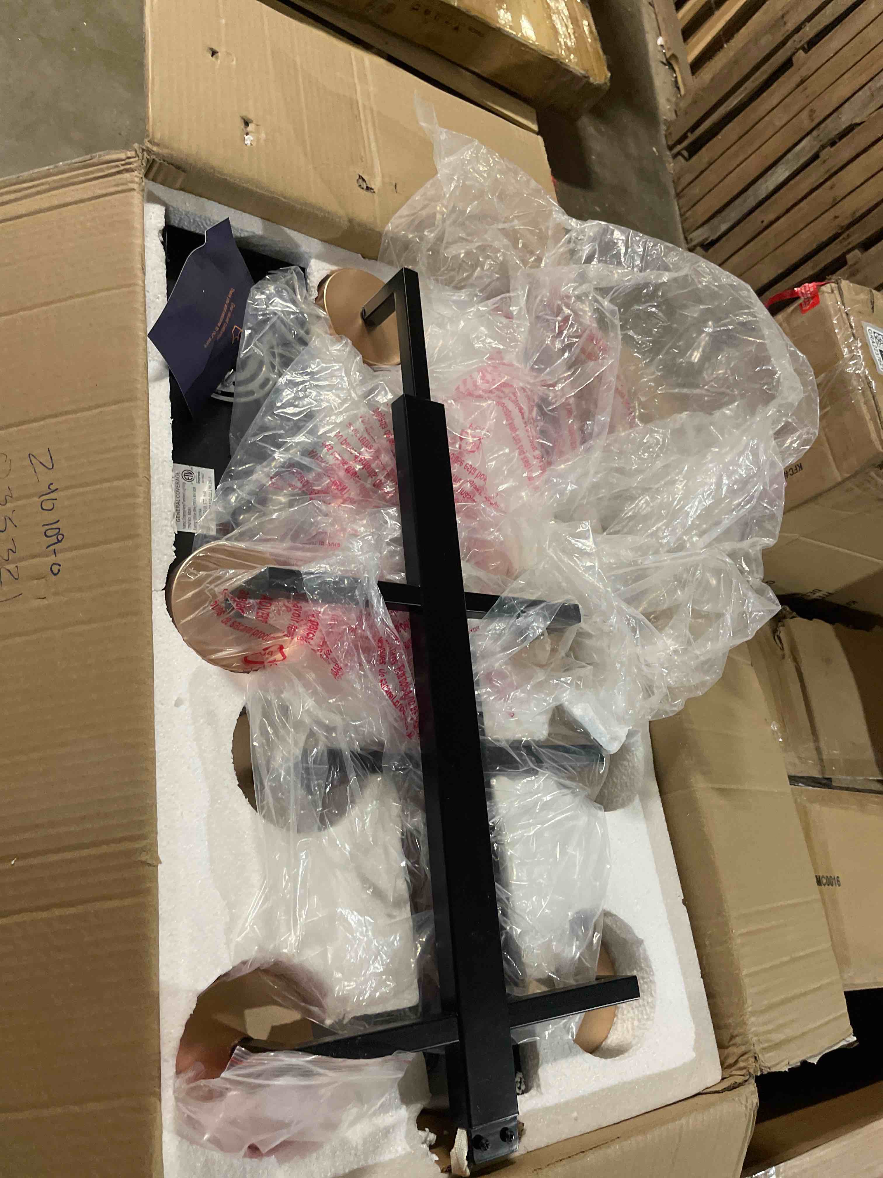 Condition photo showing New/Like New for amber glow linear chandelier, mid-century modern two-toned glass fixture, light fixtures for dining room, sitting room ceiling lights (49")