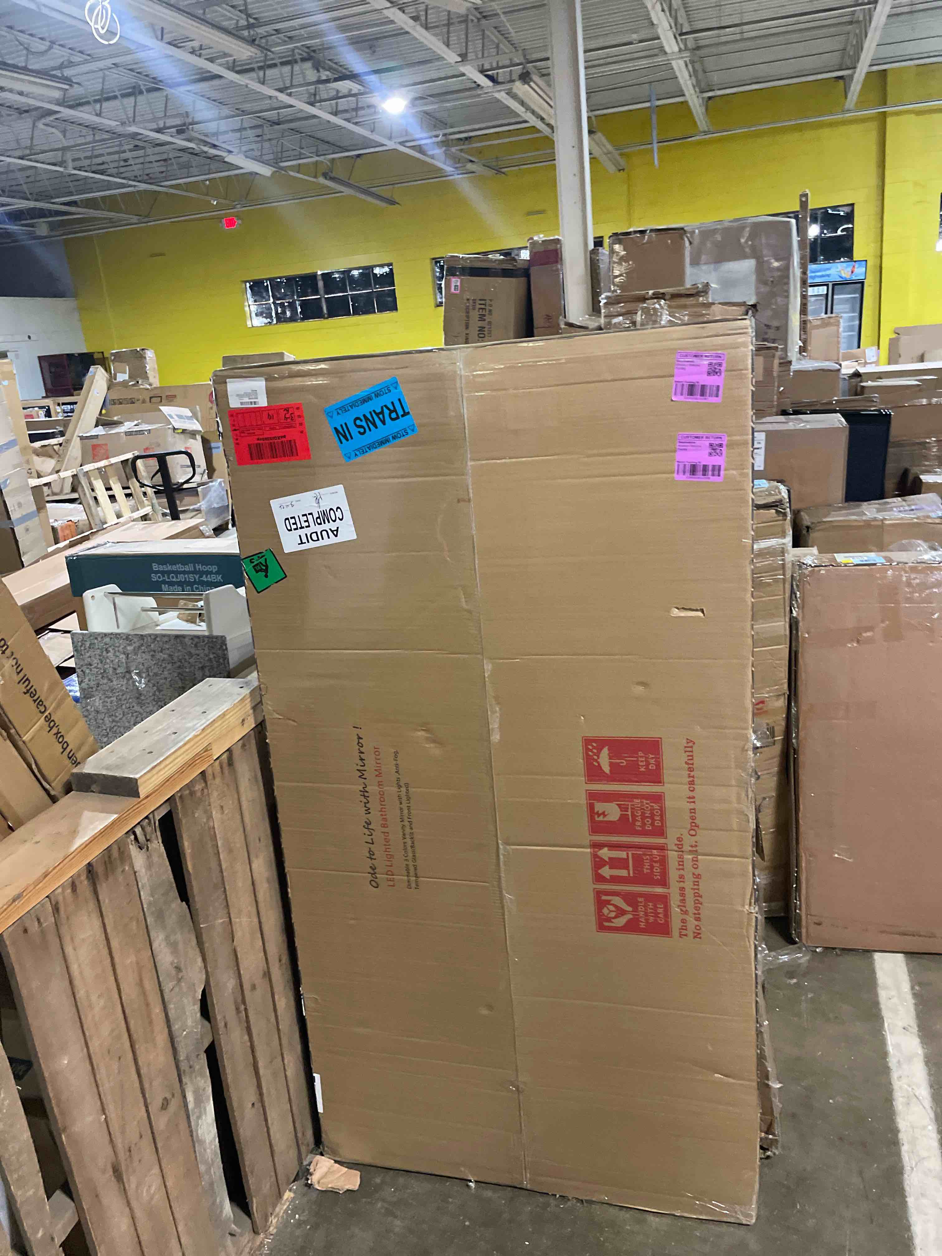 Condition photo showing New/Like New for 66x36 led lighted mirror for bathroom wall mounted, dimmable vanity mirror with lights, anti-fog, etl listed (backlit and front lighted) 66"l x 36"w