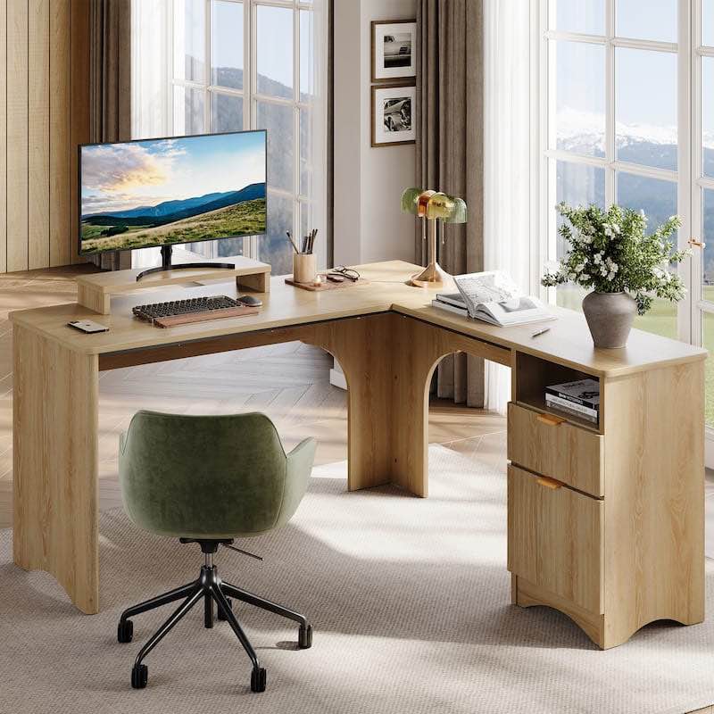 Bestier 56"W Modern L-Shaped Corner Computer Desk With Filing Drawer