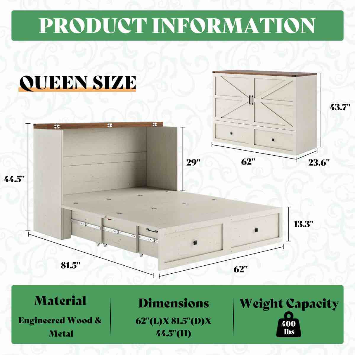 (box2/2only))wilkinson farmhouse queen murphy bed with large storage drawer & charging station, white