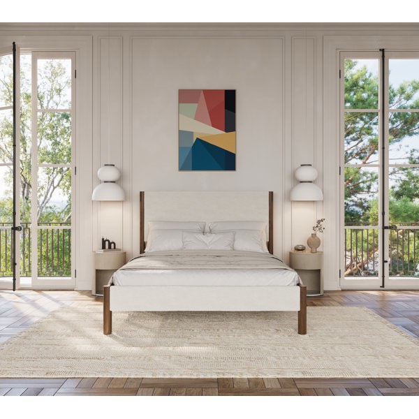 ardin solid wood bed frame with cream boucle upholstered headboard and footboard