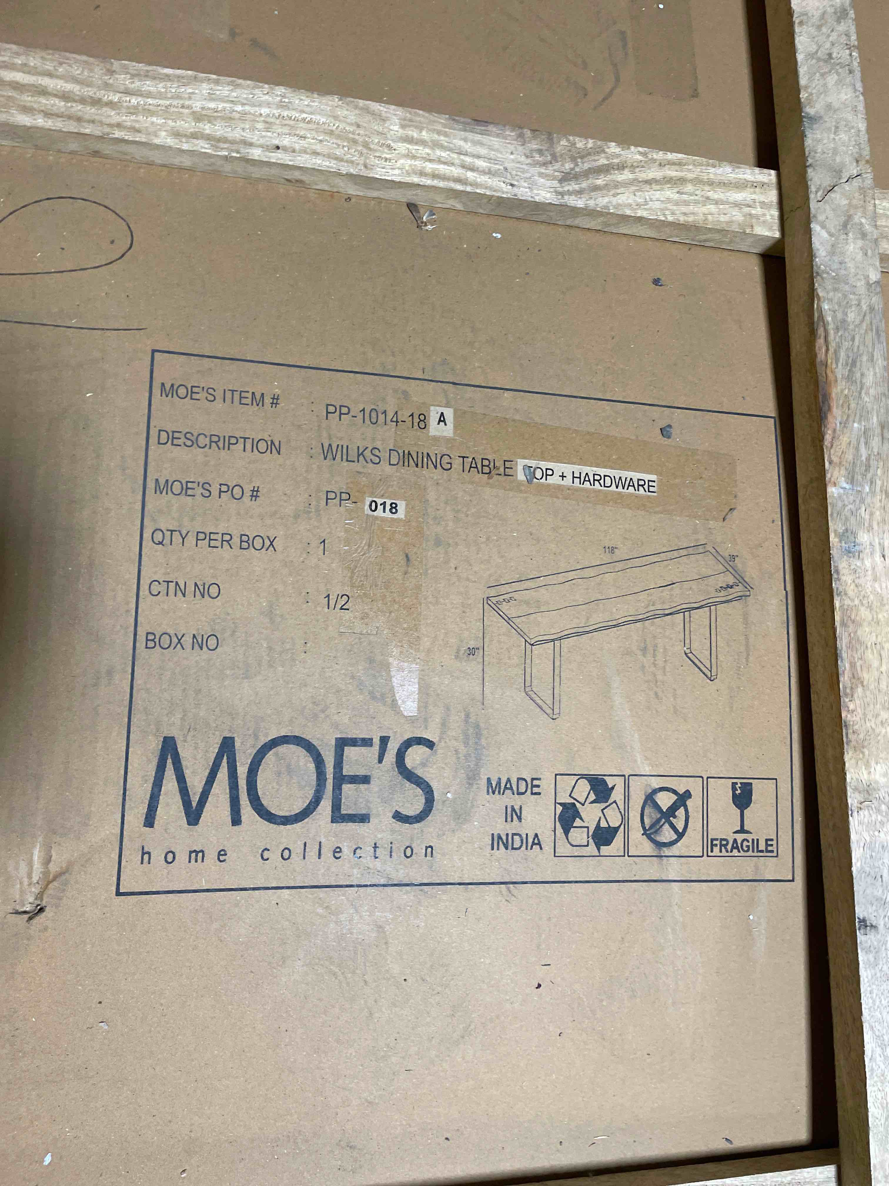 Condition photo showing As Is for moe's home collection wilks dining table (incomplete only table top)