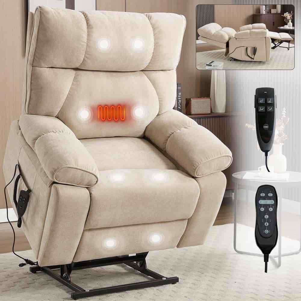 Beige Heat Massage Dual Motor Infinite Position Up to 350 LBS Large Chenille Power Lift Recliners with Hidden Cup Holder (Incomplete bottom of recliner only)