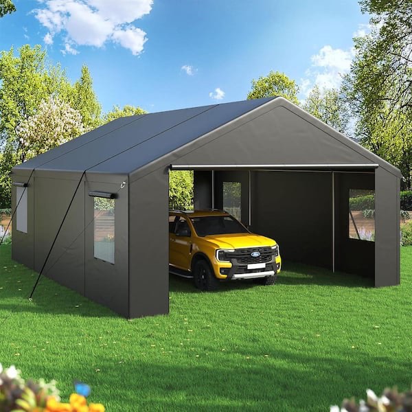 20 ft. x 20 ft. Heavy-Duty Portable Carport with Side-Opening Door, Roll-Up Windows and Reinforced 4-Hole Base, Black (Incomplete box 1/3)