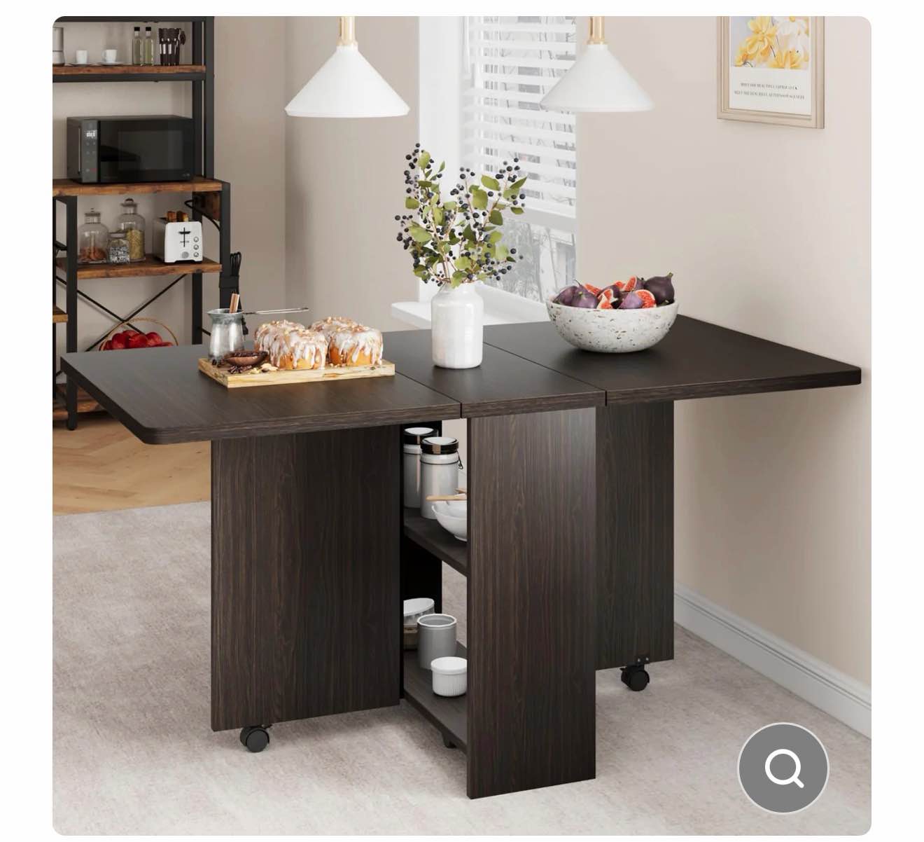 Garvee 51.1" Folding Dining Table, Drop Leaf Dining Table for 4, Foldable Kitchen Table with 2 Storage Shelf, 6 Wheels
