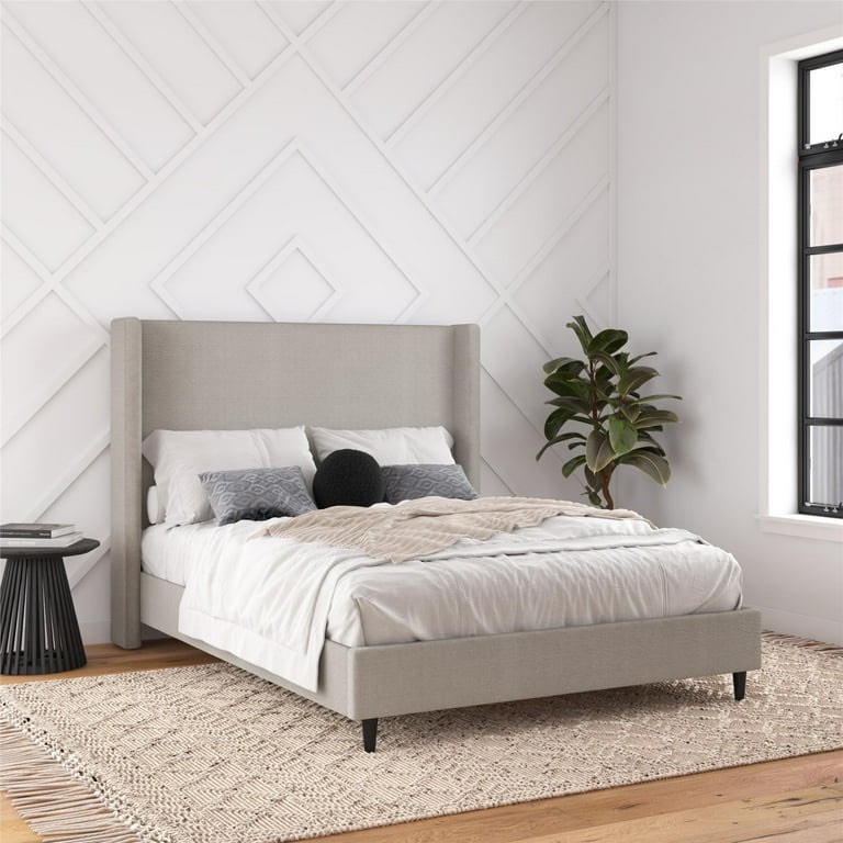 DHP Eveline Upholstered Platform Bed Frame with High Wingback Headboard, Queen, Textured Gray Canvas 