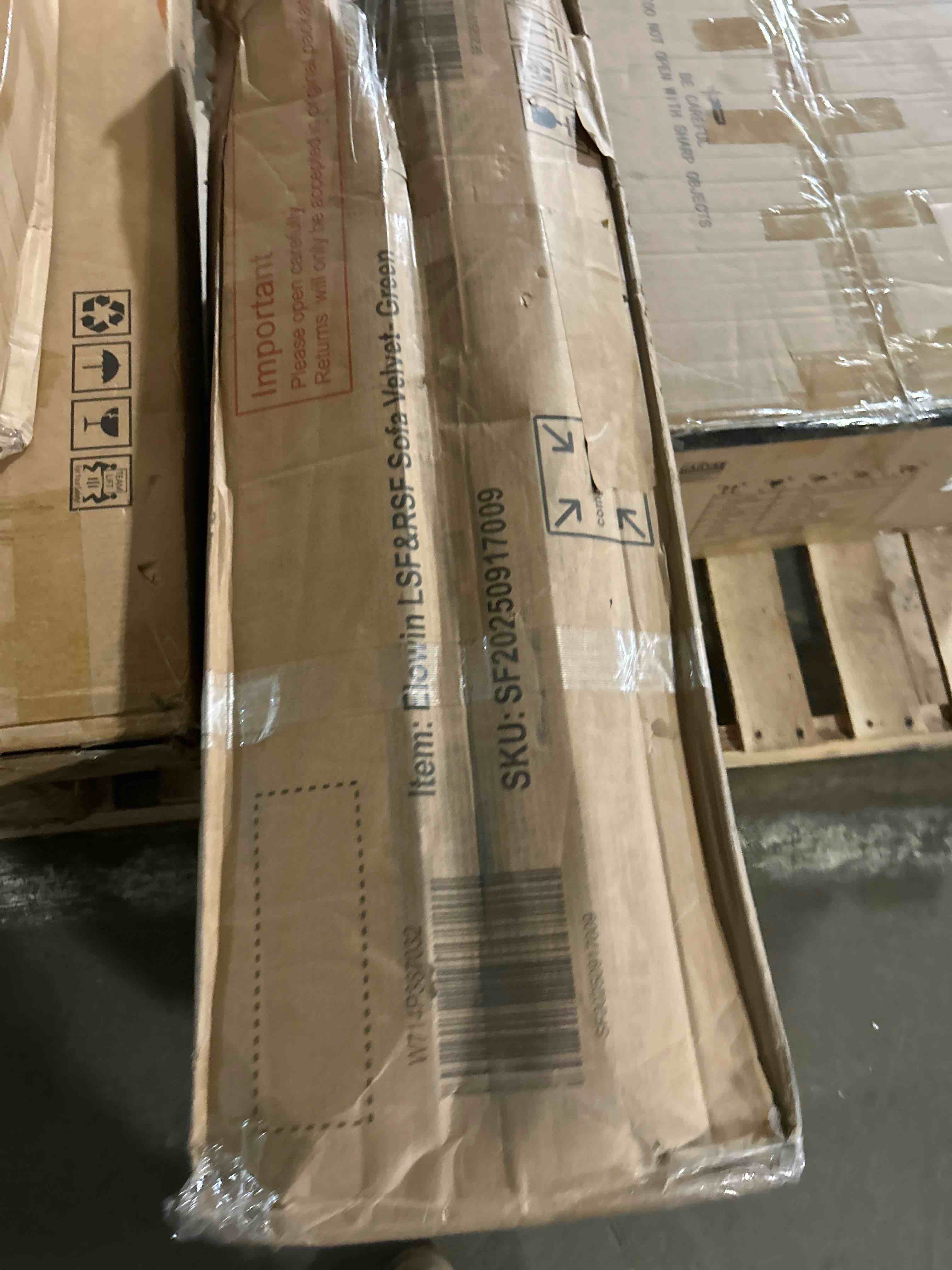 Condition photo showing As Is for elowin lsf&rsf sofa velvet- green(cushions only compressed)