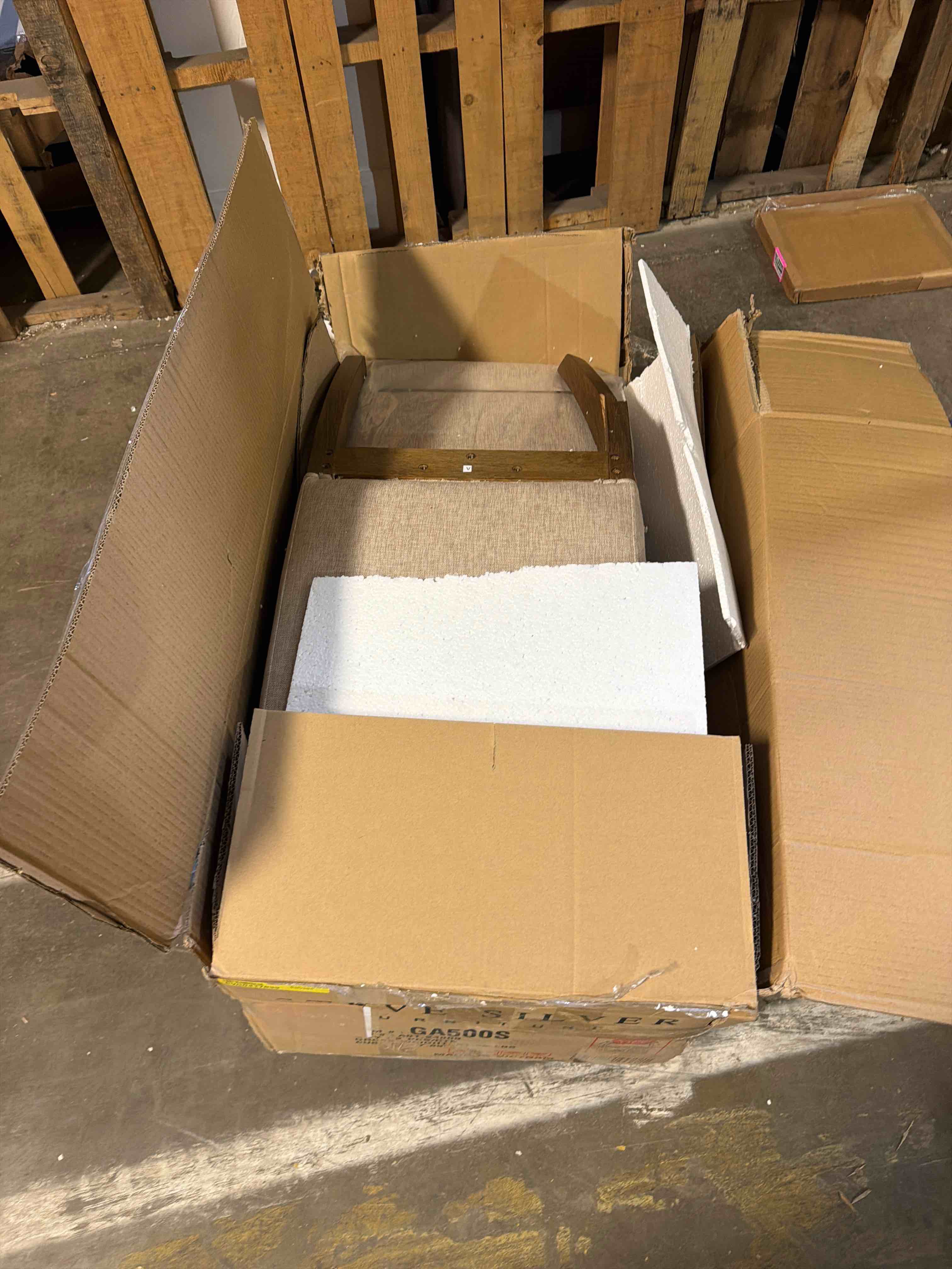 Condition photo showing As Is for baxton studio danica mid-century modern transitional light grey fabric upholstered and walnut brown finished wood 4-piece dining chair set