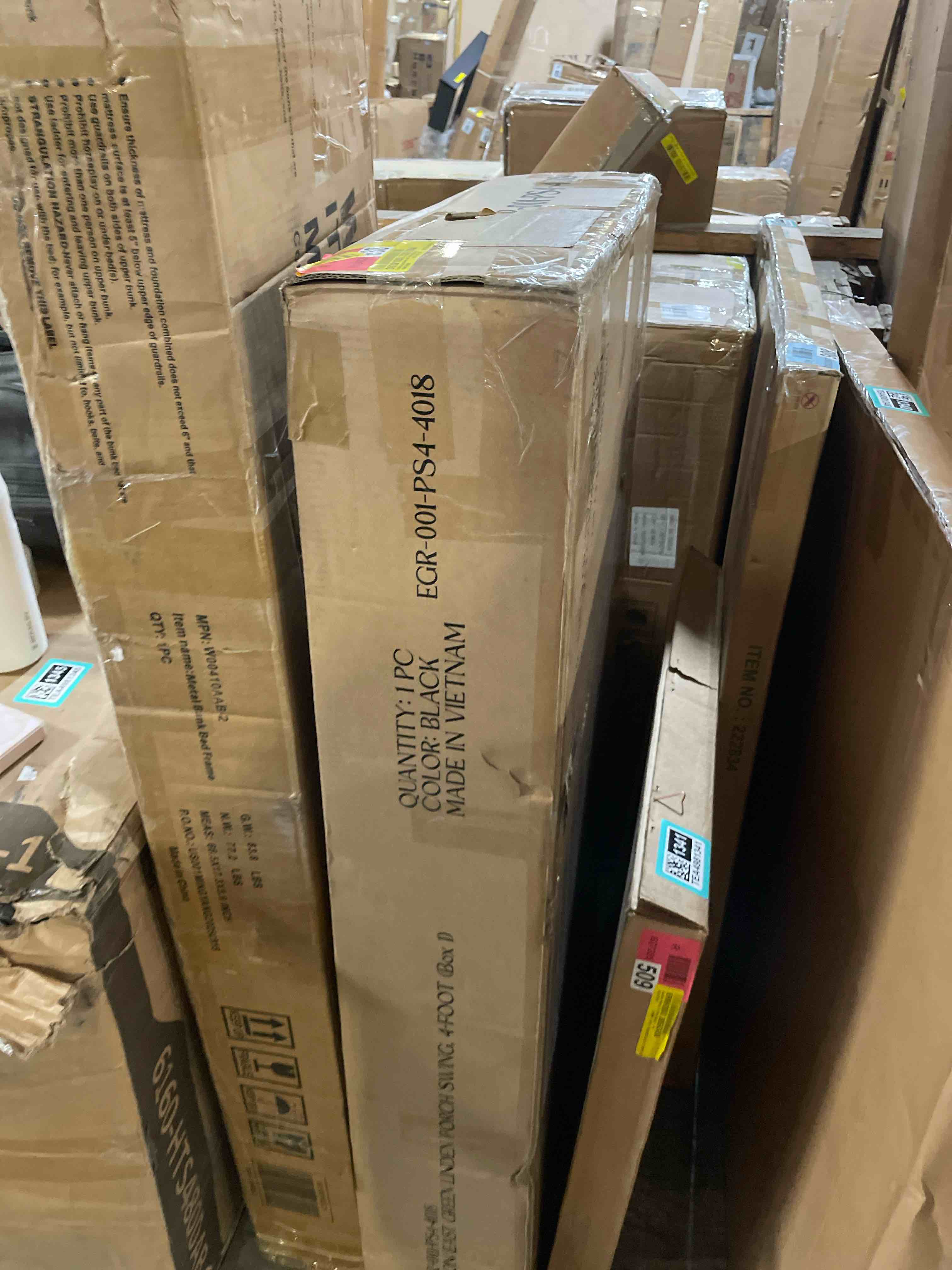 Condition photo showing As Is for only box 1 linden aluminum and teak porch swin