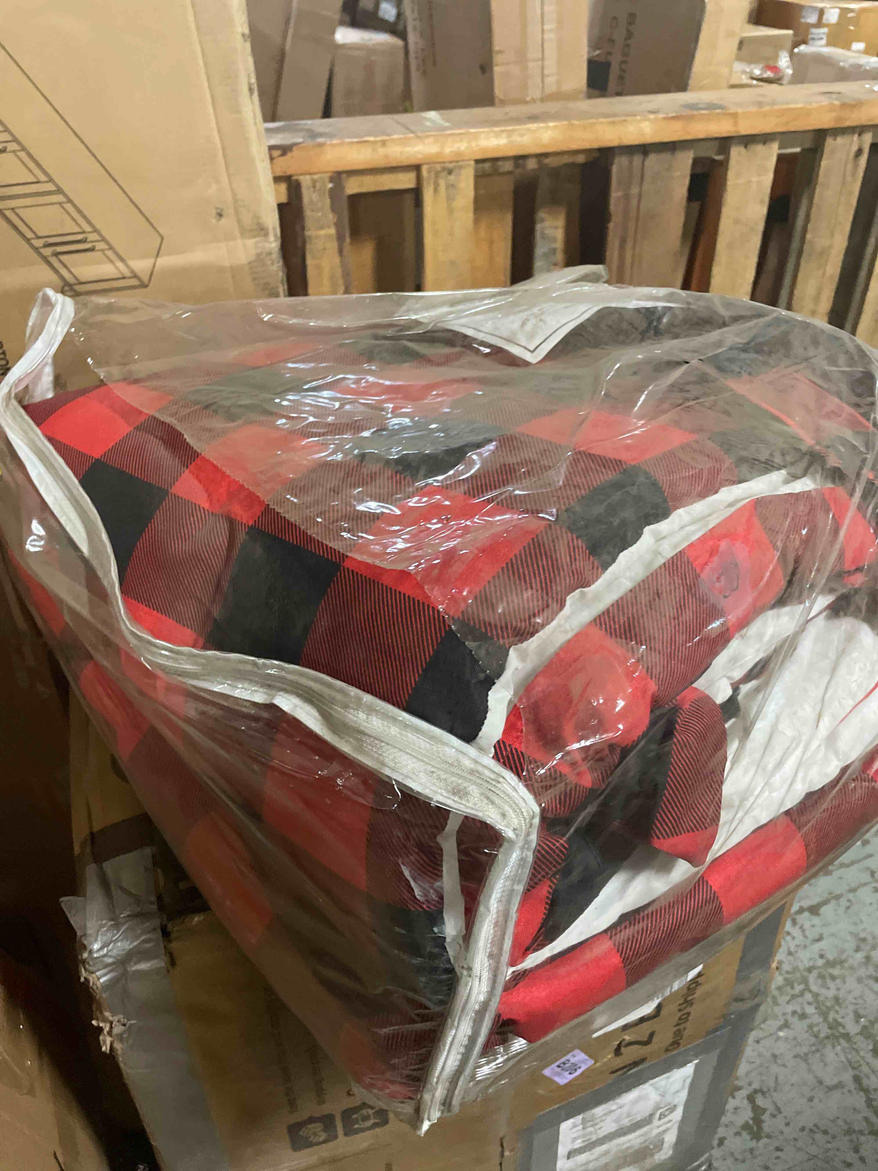 Condition photo showing As Is for andency red burgundy black checkered comforter king(104x90inch), 3 pieces (1 plaid comforter and 2 pillowcases) plaid comforter set, lightweight microfiber geometric grid comforter bedding set