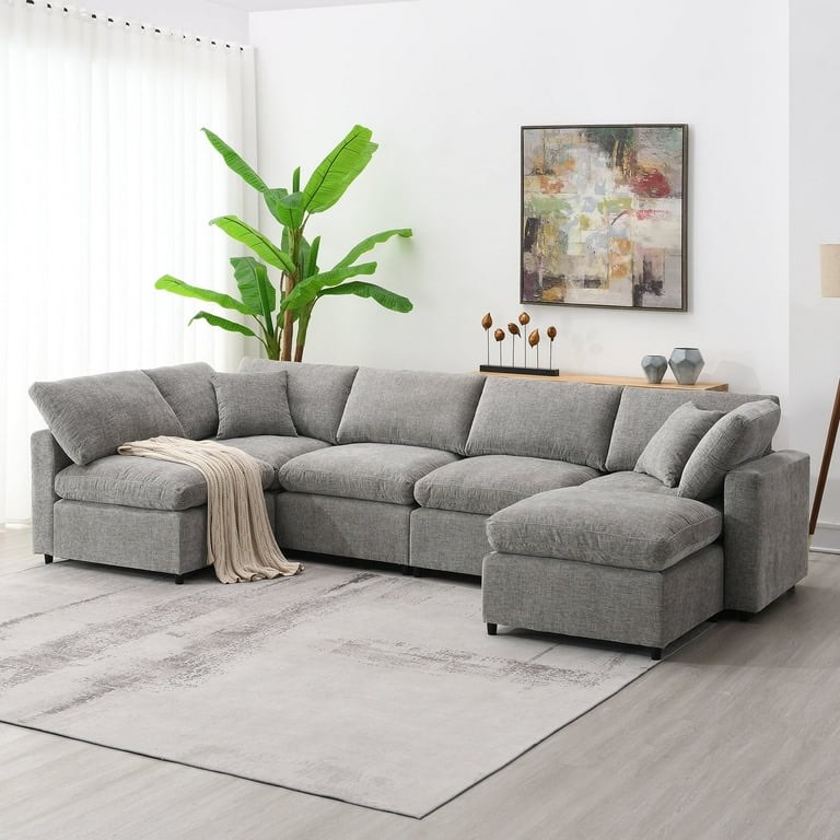 130*65" modern modular cloud sofa bed, 6 seat chenille sectional couch set with ottoman, free combination, convertible u shaped sleeper sofa for living room, apartment (gray)