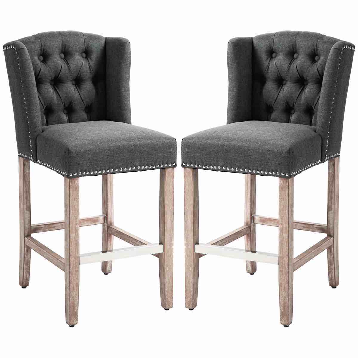 27" seat height counter bar stools of 2, dark gray upholstered, back, nailhead trim, wooden legs for home 26.75" , upholstered with foam padding and solid wood modern kitchen