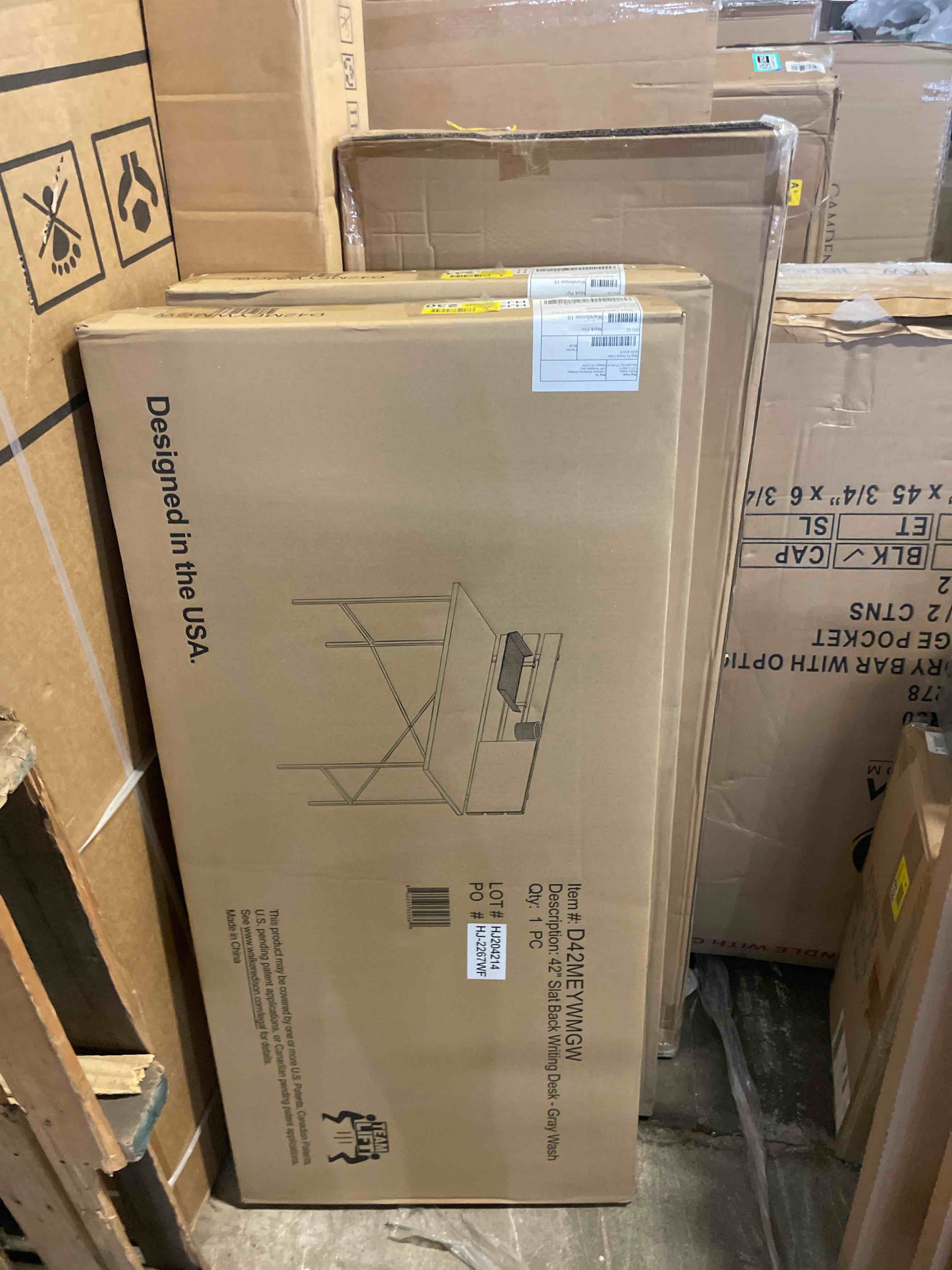 Condition photo showing New/Like New for 42  modern slat back adjustable storage writing desk - grey wash