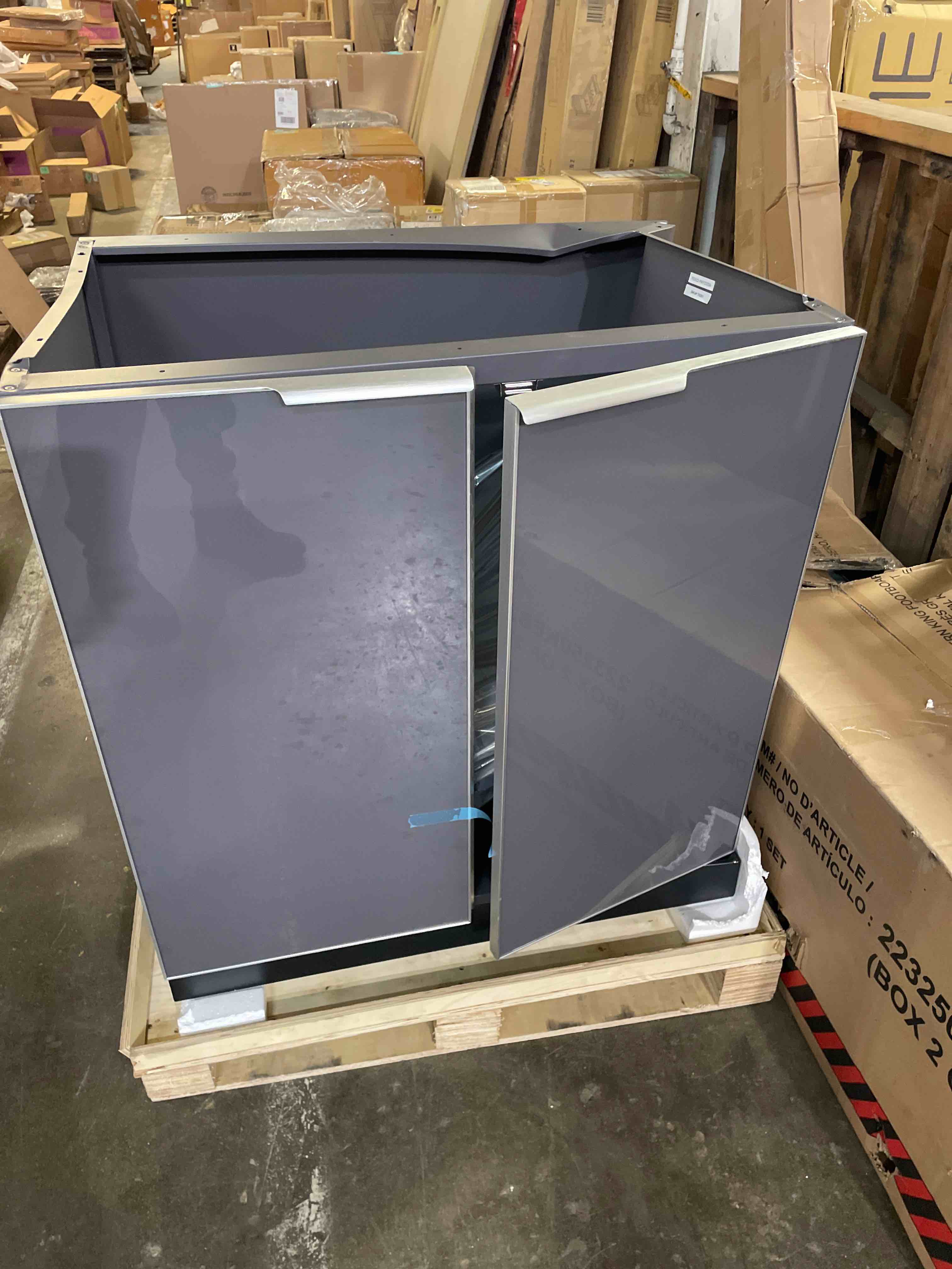 Condition photo showing As Is for newage products outdoor kitchen classic series aluminumn slate gray 32in 2 door base cabinet, 70201 (damaged)