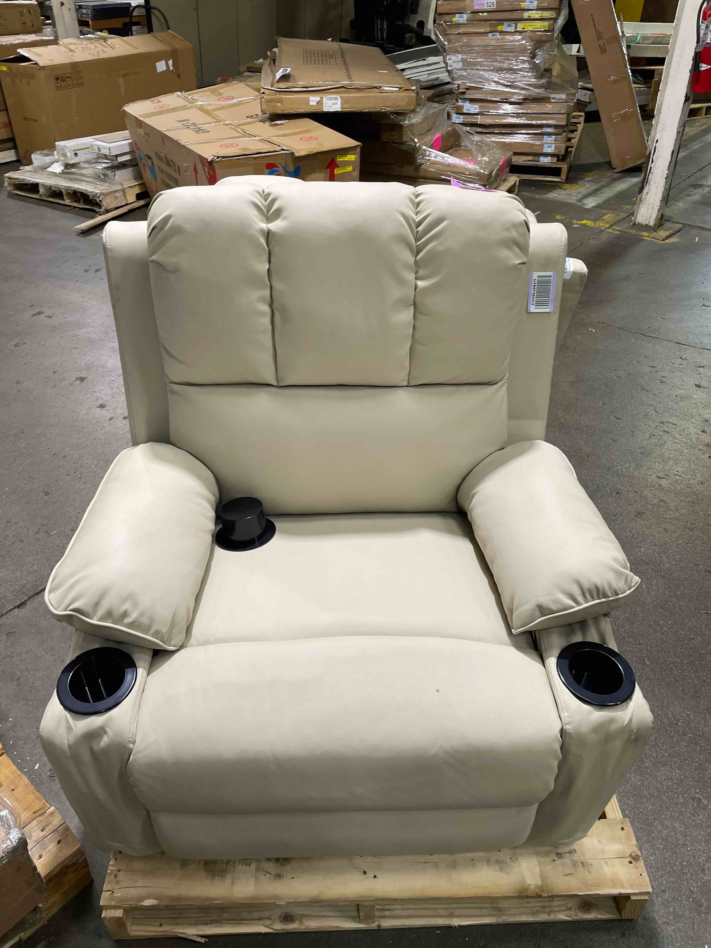 Condition photo showing As Is for 22 in leather recliner chair for adults, overstuffed manual recliner chair, single sofa with cup holder and side pockets, upholstered chair for living rooms, creamy (damaged)