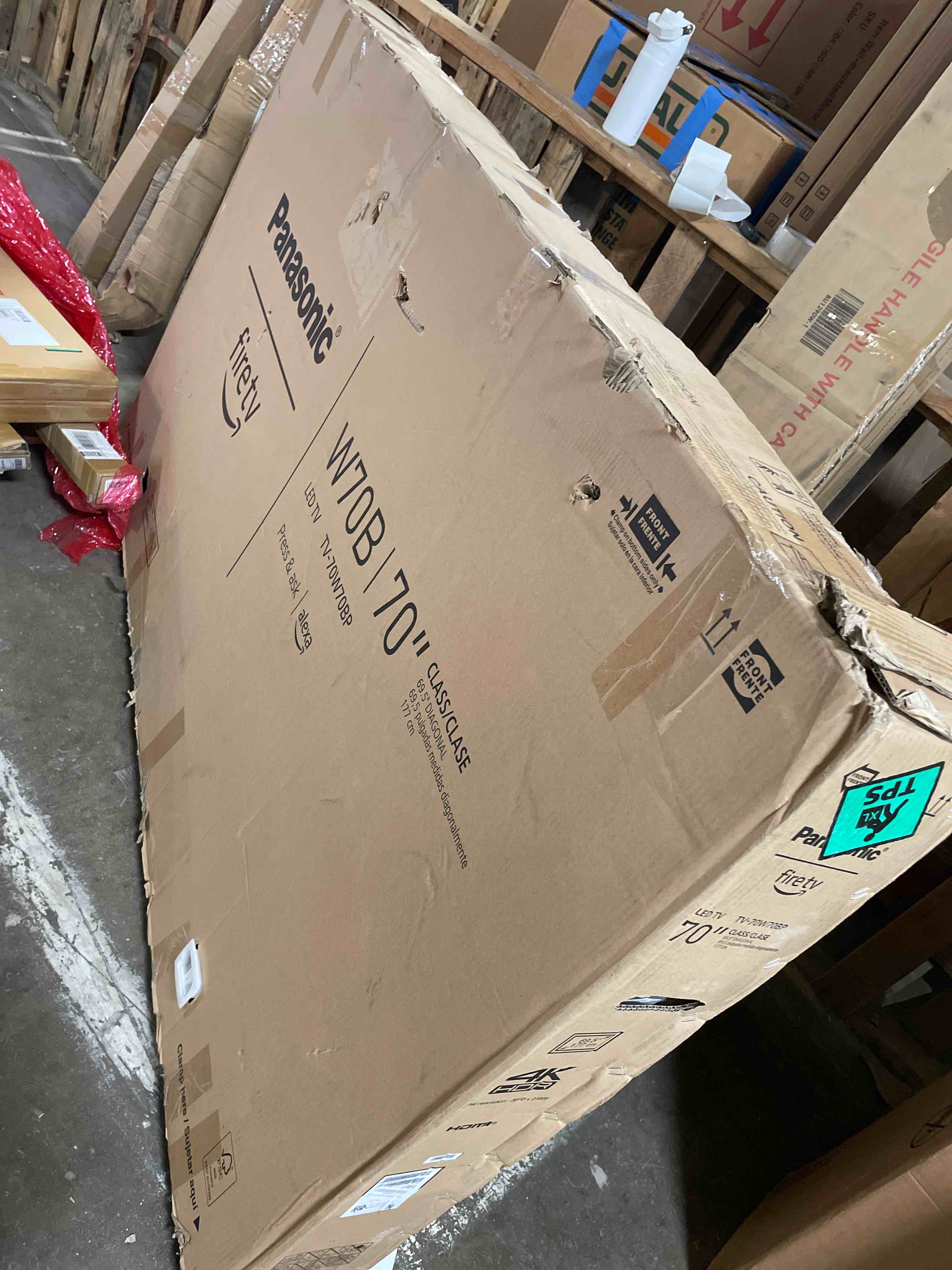 Condition photo showing As Is for panasonic w70 series (2025 model) 70" led 4k ultra hd smart fire tv, press & ask alexa, apple airplay, hdr10+, hdmi 2.1, and bluetooth support - 70w70bp 70" led without tv neck speaker
