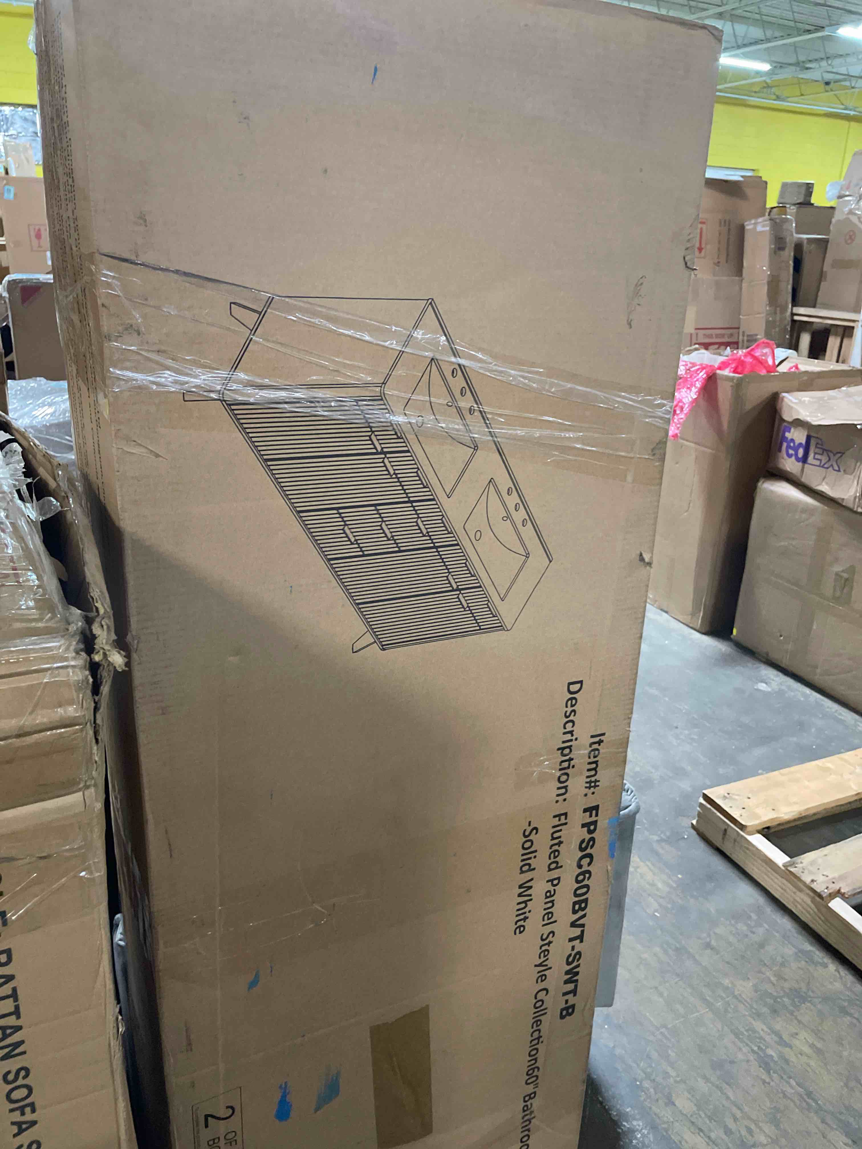 Condition photo showing As Is for t4tream((box2/2 only )) 60" fluted bathroom vanity with resin sink combo?freestanding modern bathroom storage vanity cabinet with soft closing doors & 3 drawers?wood grain texture?metal handle?white