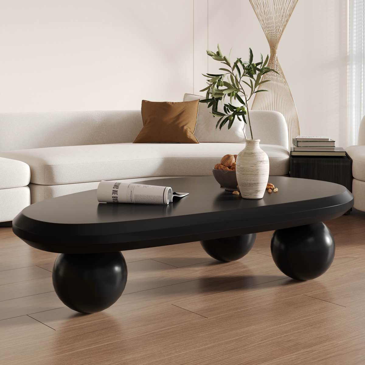 51" (incomplete)oval cream black brown modern coffee table with three round