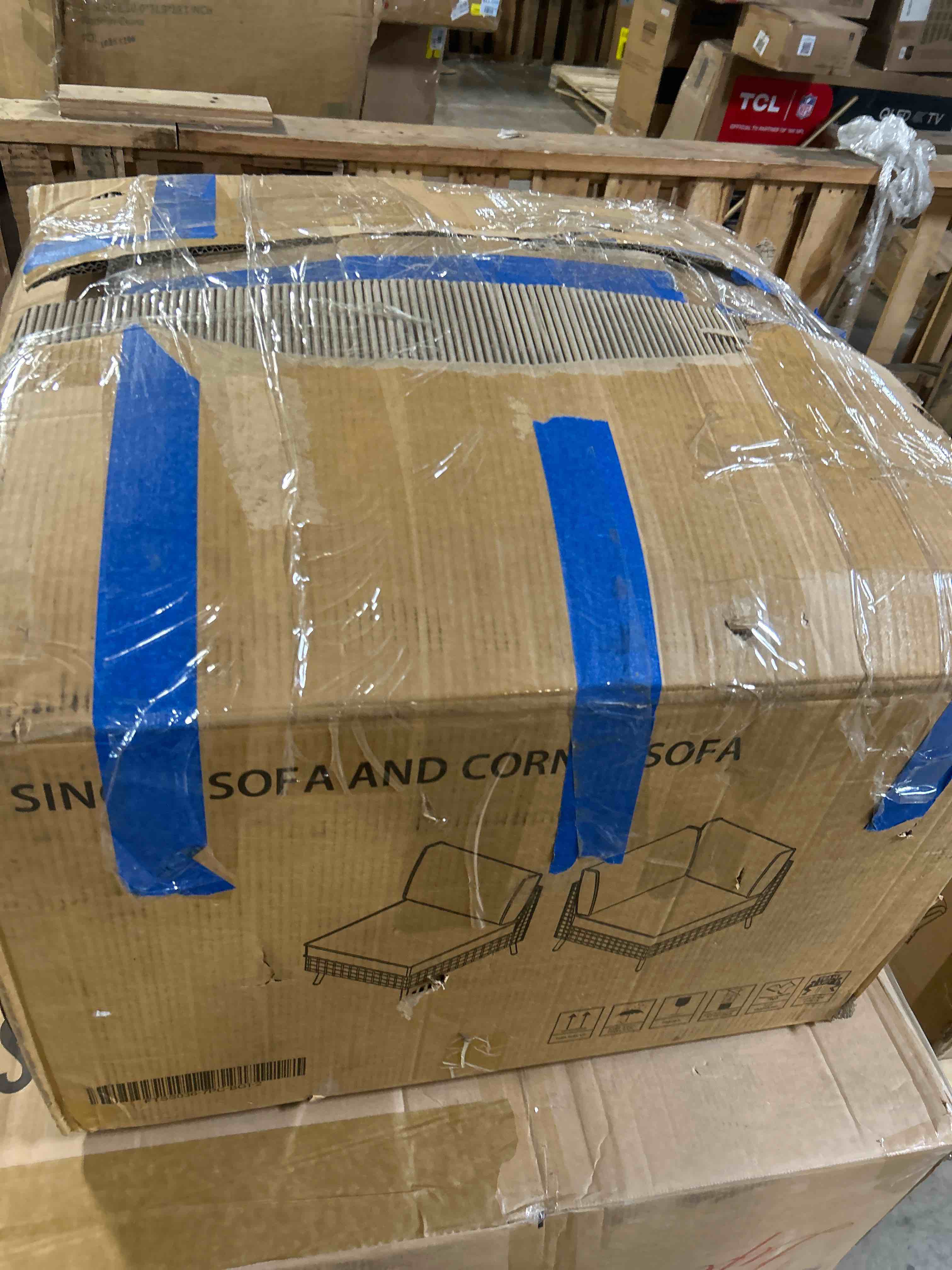 Condition photo showing As Is for brown 7-piece wicker patio conversation set with beige cushions and coffee table(box 2 only)