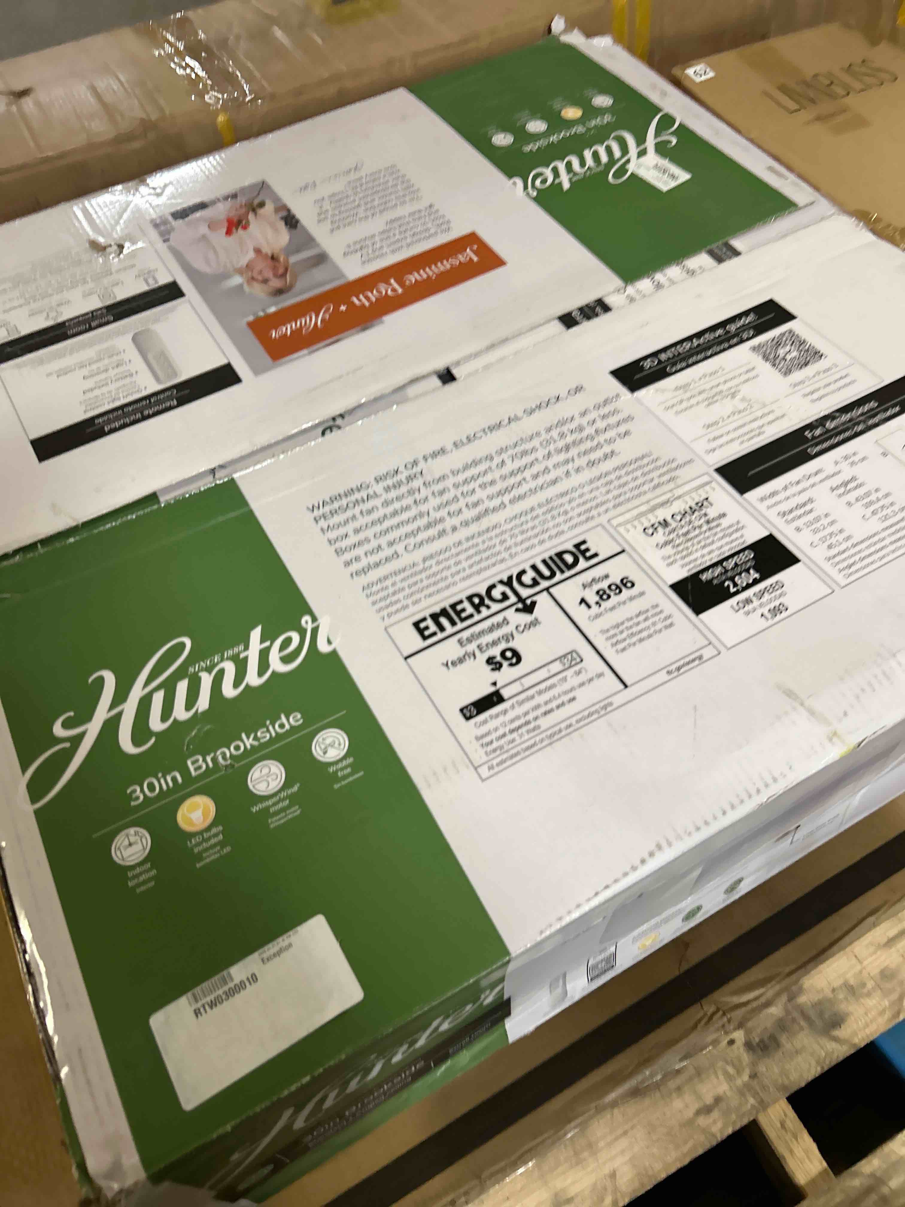 Condition photo showing New/Like New for hunter - brookside indoor fandelier with light, remote, 30-inch, casual-style, 3-speed whisperwind motor, 52974, ceiling fans for living rooms, bedrooms, home offices, kitchens (luxe gold)