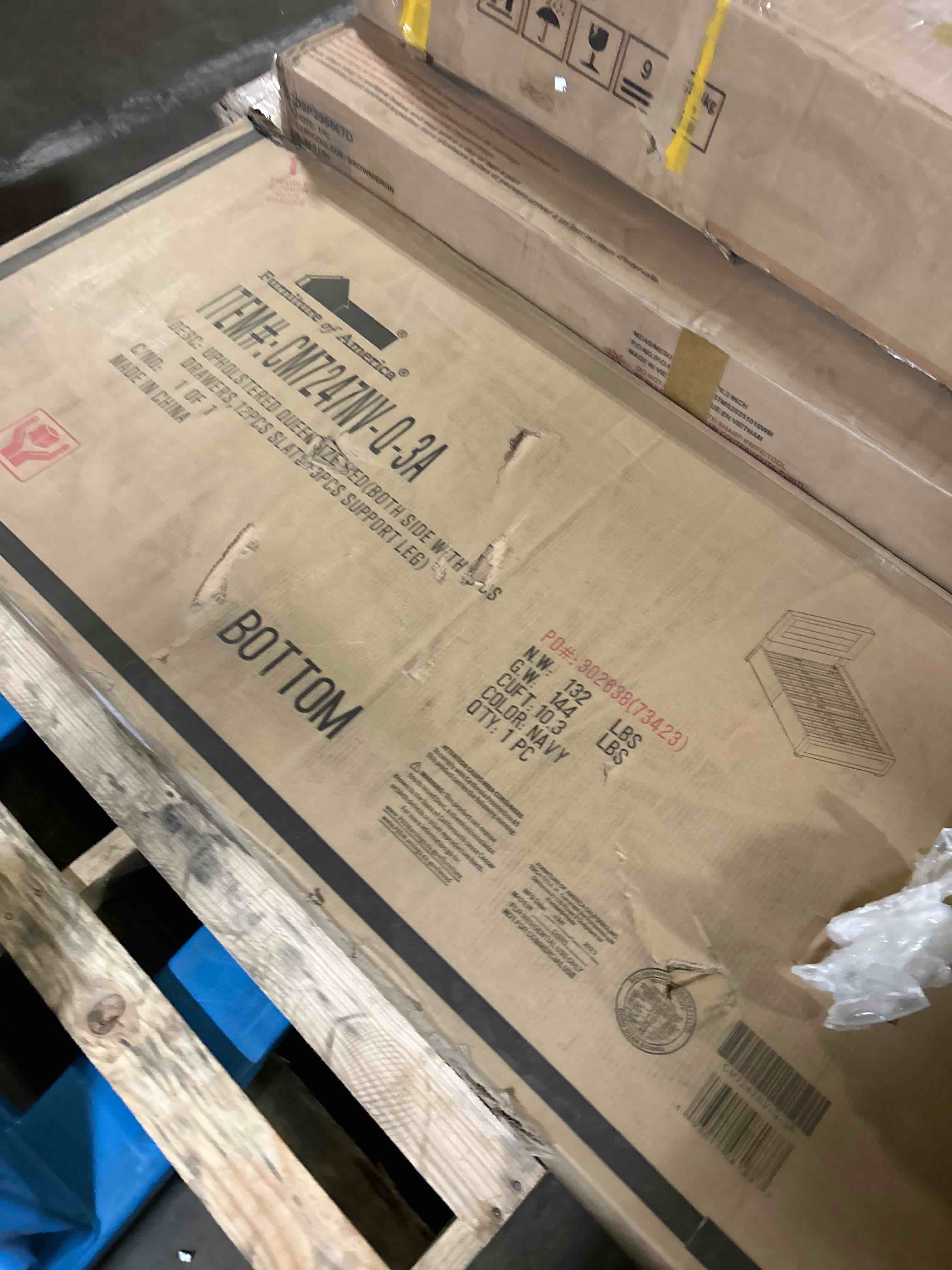 Condition photo showing As Is for enhomee queen bed frame with headboard and 3 large drawers, upholstered platform bed frame queen size with storage, queen size bed frame with headboard, sturdy, no box spring needed, no-noise, beige(box 3 only )