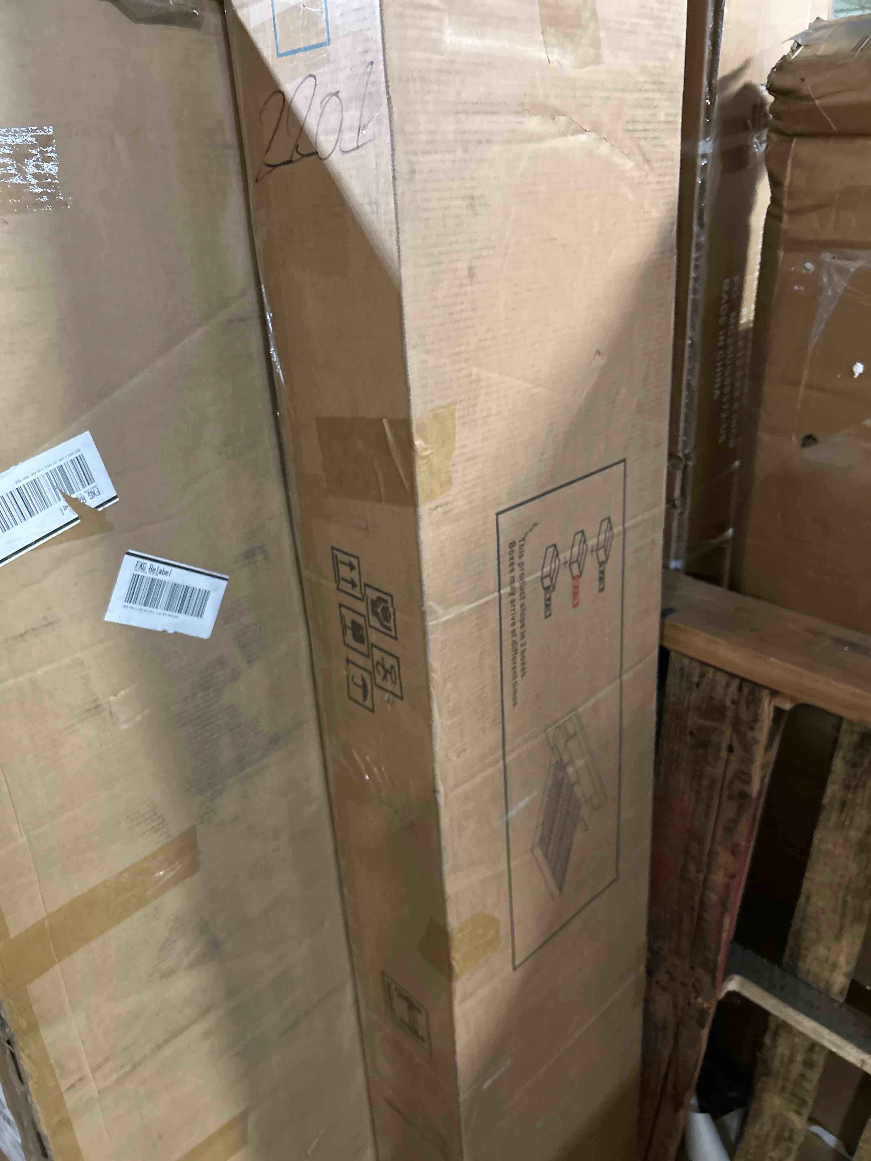 Condition photo showing As Is for king bed frame with nightstands, linen platform bed frame with 2 drawers, luxury bed frame, natural wood grain & upholstered storage headboard?no box spring needed, easy assembly, ocher(incomplete)