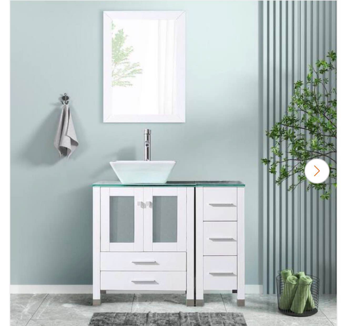 36.6 in. W x 21.6 in. D x 29 in. H Single Sink Bath Vanity in White with Glass Countertop and Ceramic Sink and Mirror