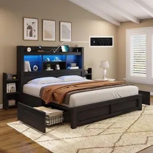 Amerlife Full Size Bed Frame With 4 Storage Drawers, Led Bed Frame With 49“ Tall Bookcase Headboard, Wood Platform Bed With Charging Station & 2 Slide Bedside Shelf, No Box Spring Needed/Black 2