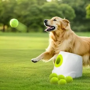 Dog Ball Thrower Launcher, Automatic Launcher with 6 Mini Tennis Balls, Interactive Dog Toys Indoor Outdoor Ball Thrower Machine for Small Dogs with 3 Distance Settings