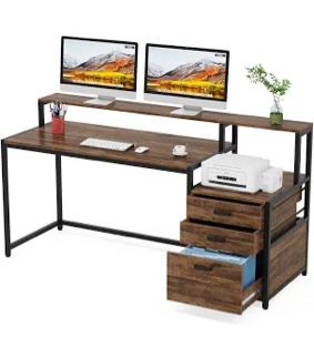 denfield desk with hutch, drawers, elevated monitor riser stand, 62.9
