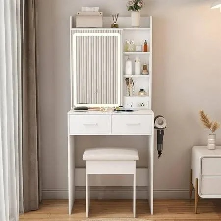 Small Vanity Desk with Mirror and Lights, Makeup Vanity Table with Power Outlet & 2 Drawers & 6 Shelves & Stool,Dressing Table Set for Bedroom, Brightness Adjustable, White