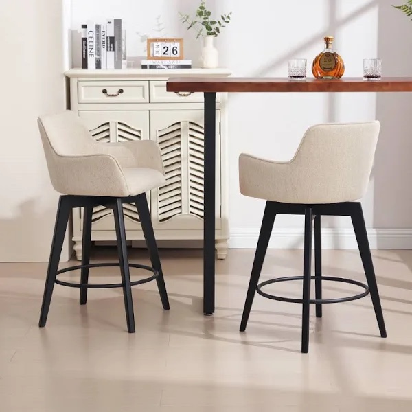 Lovetro Swivel Full Back Arms Upholstered 25.8"H Counter Stool with Solid Rubberwood Frame and Gold Footrest Corrigan Studio