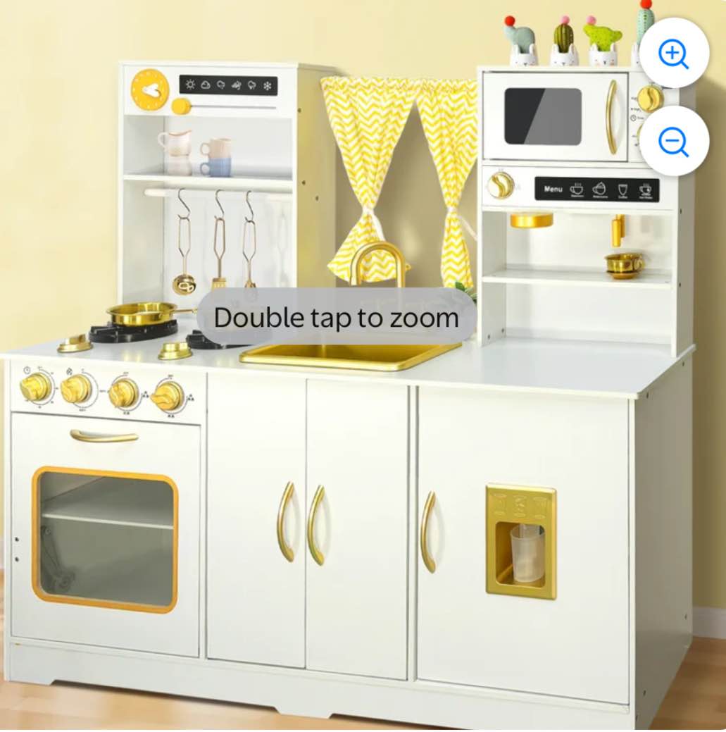 wooden kids play kitchen playset with cutting toy food set, toaster and toddler gardening sets