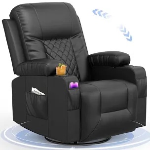 Lannah Faux Leather Recliner Massage Chair, Swivel Rocker Recliner with 360° Rotate & 125°  Reclining Rocking Chair With Two Cup Holders for home