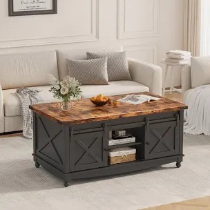 Givens Farmhouse Lift Top Coffee Table With Storage Sliding Barn Door